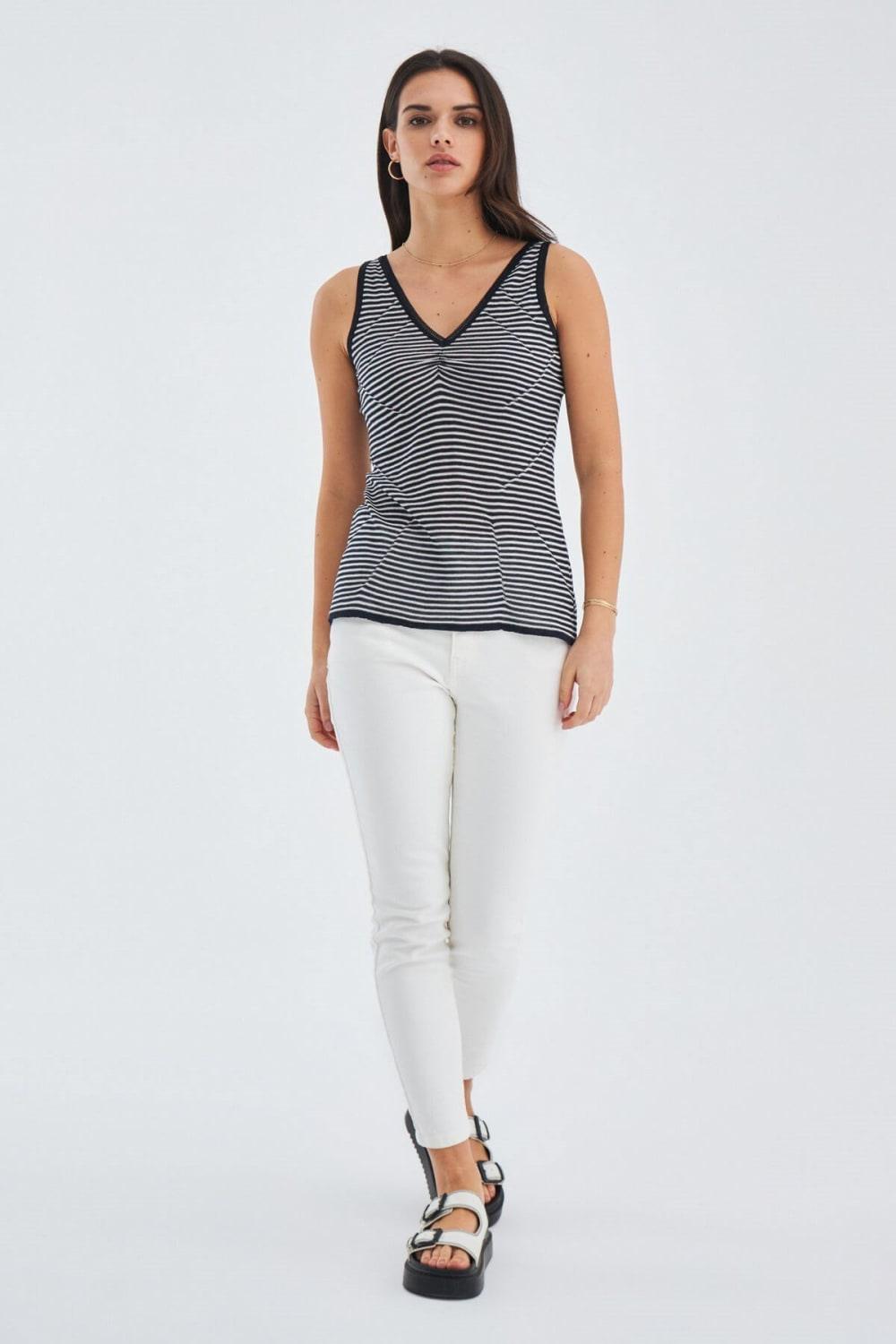 Peraluna-İnce Çizgili V Yaka Kadın Triko Atlet-Atlet-3-Milagron.com