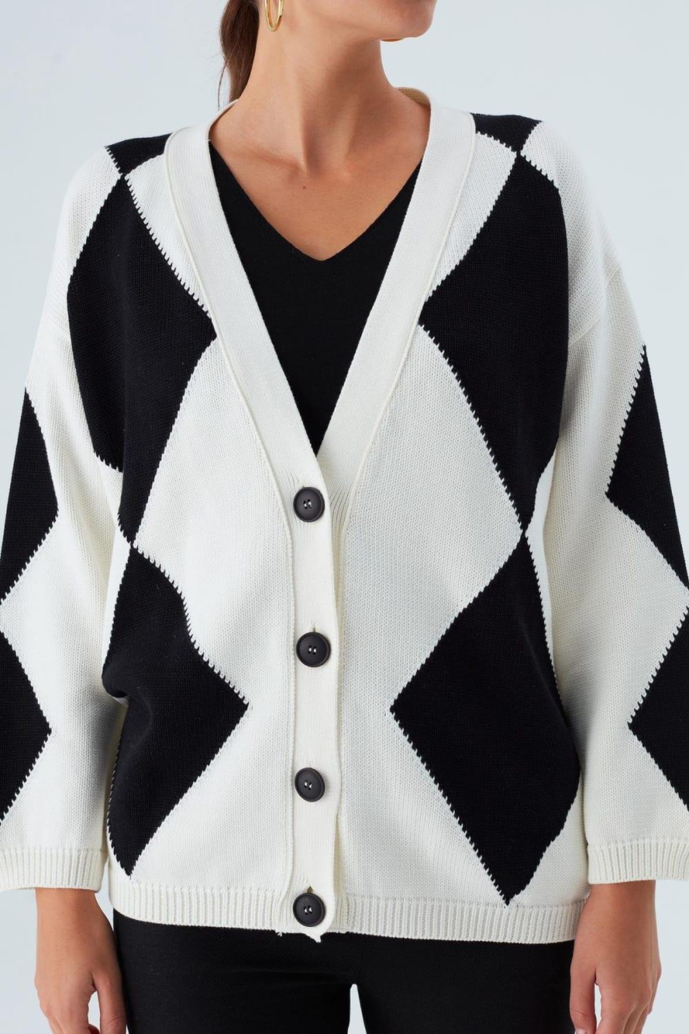 Peraluna-Irene Cardi̇gan Büyük Baklava Desenli Bol Kesim Mevsimlik Kadın Triko Hırka-Kazak & Triko-4-Milagron.com