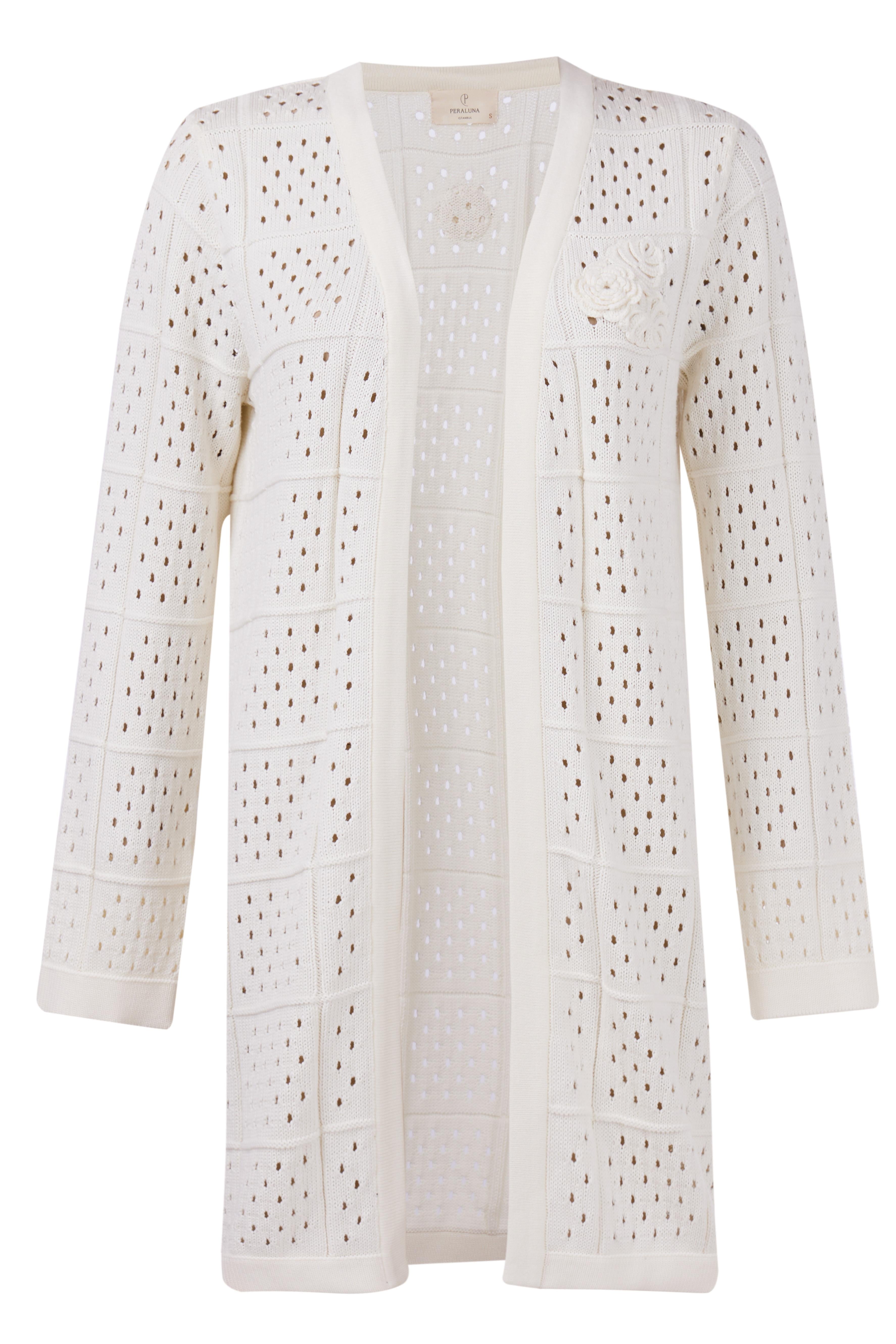 Peraluna-Isabel Cardi̇gan Ajur örgü El Yapımı Broş Detaylı Düz Kesim Kadın Triko Hırka Ekru-Kazak & Triko-8-Milagron.com