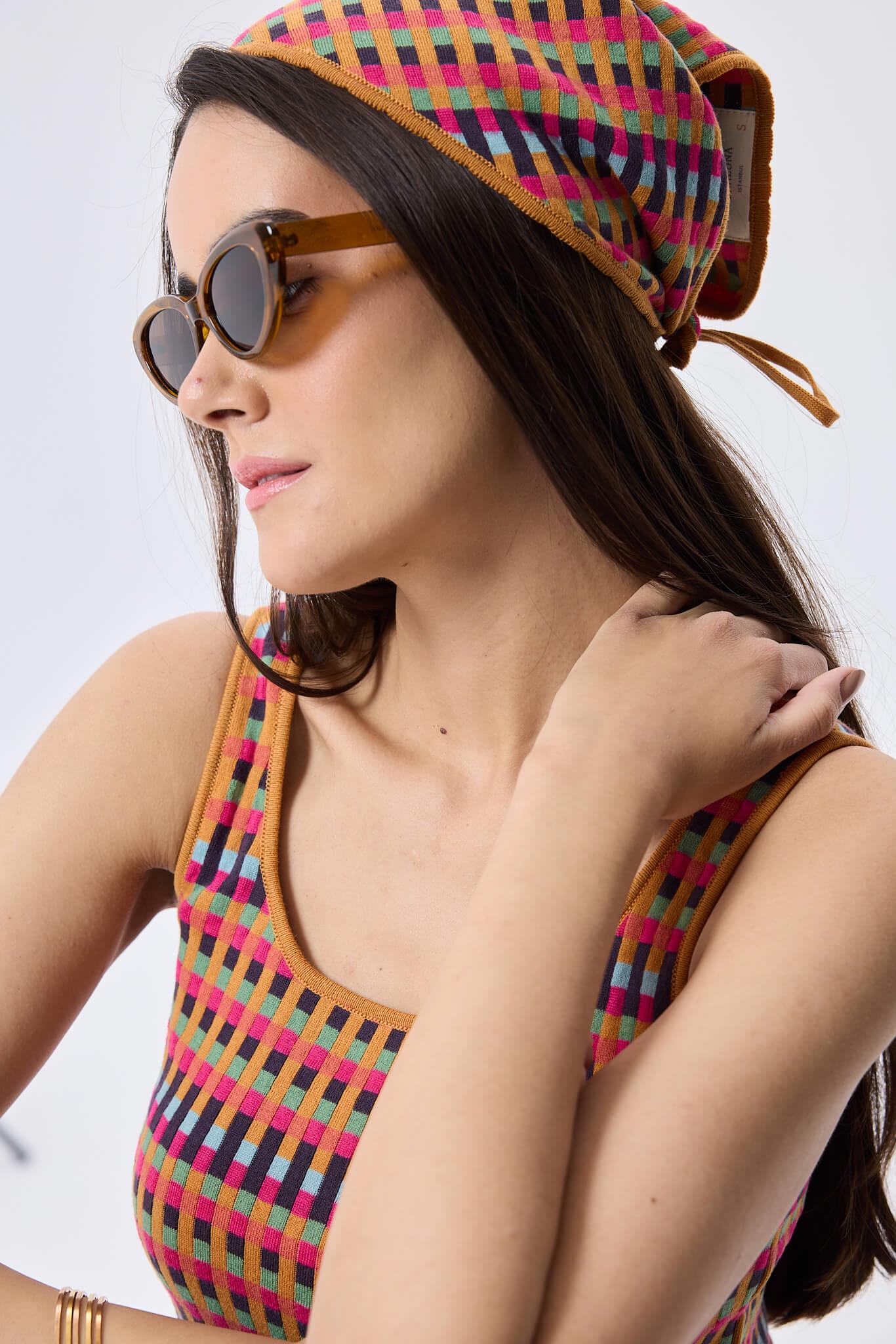 Peraluna-Isla, Jakarlı Organik Pamuk Triko Bandana Multi̇ Hardal-Eşarp-2-Milagron.com