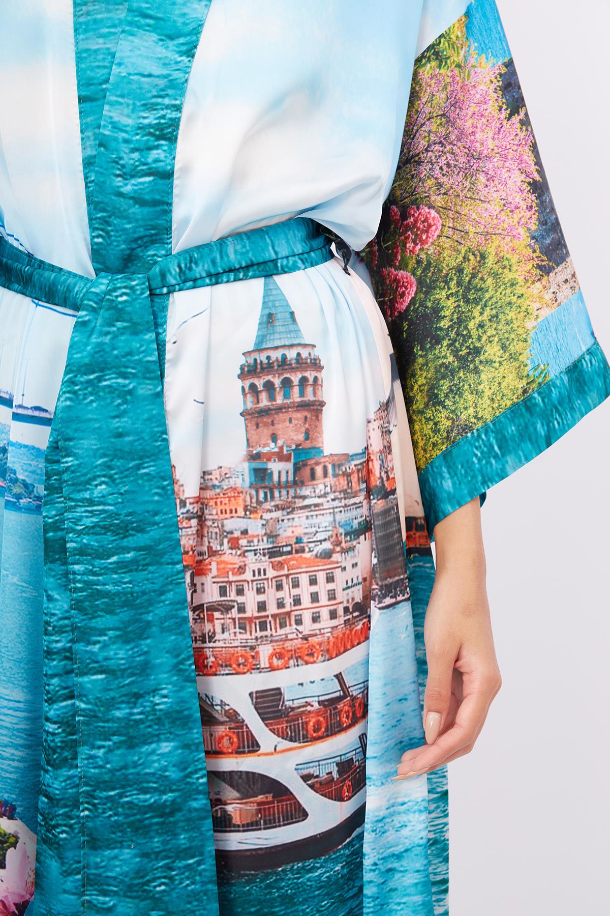 Peraluna-Istanbul Kimono İstanbul Manzara Baskılı 125 Cm Uzun Saten Kadın Kimono-Kimono-3-Milagron.com