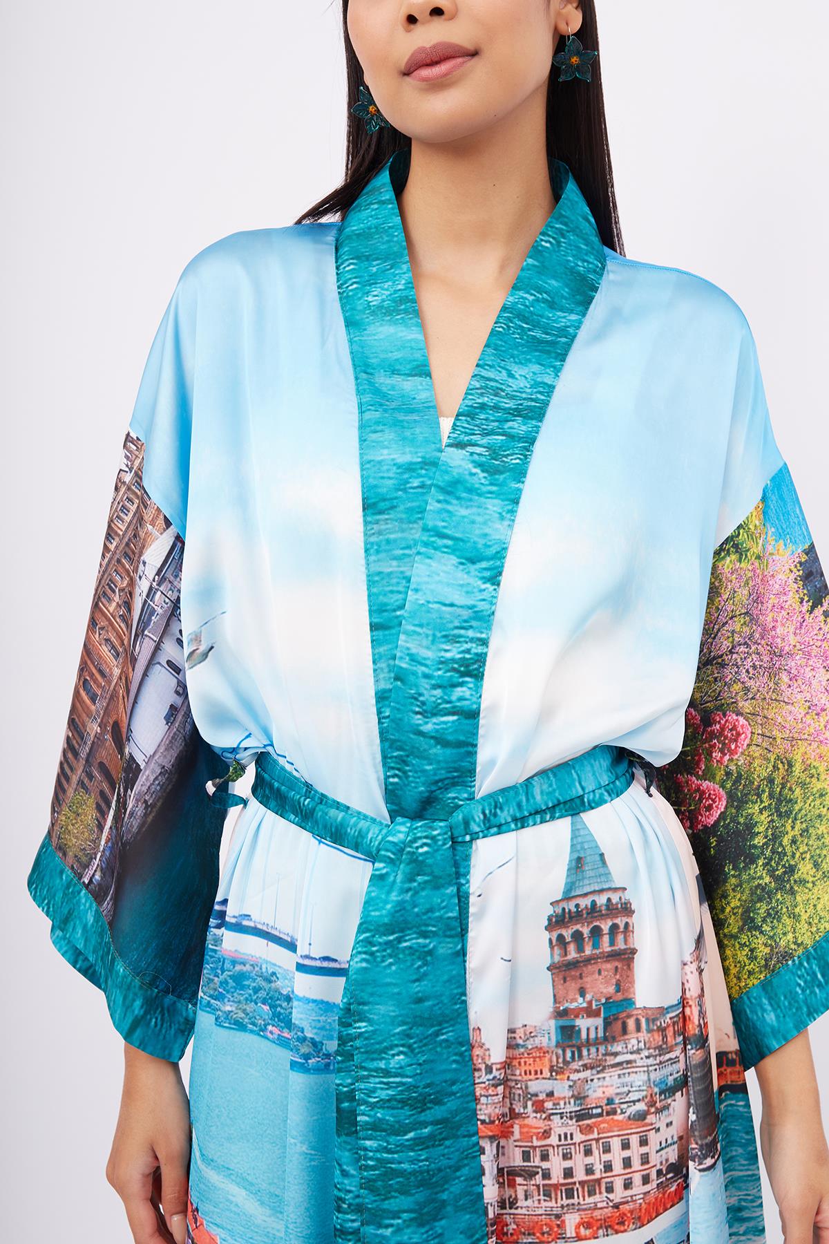 Peraluna-Istanbul Kimono İstanbul Manzara Baskılı 125 Cm Uzun Saten Kadın Kimono-Kimono-4-Milagron.com