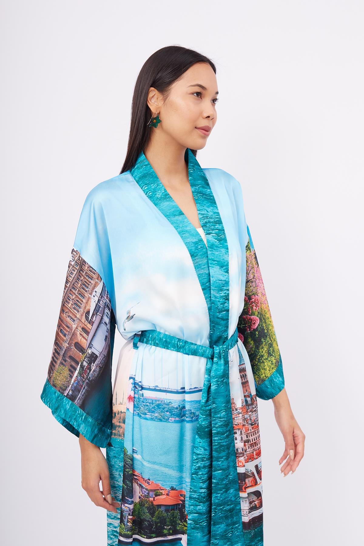 Peraluna-Istanbul Kimono İstanbul Manzara Baskılı 125 Cm Uzun Saten Kadın Kimono-Kimono-6-Milagron.com