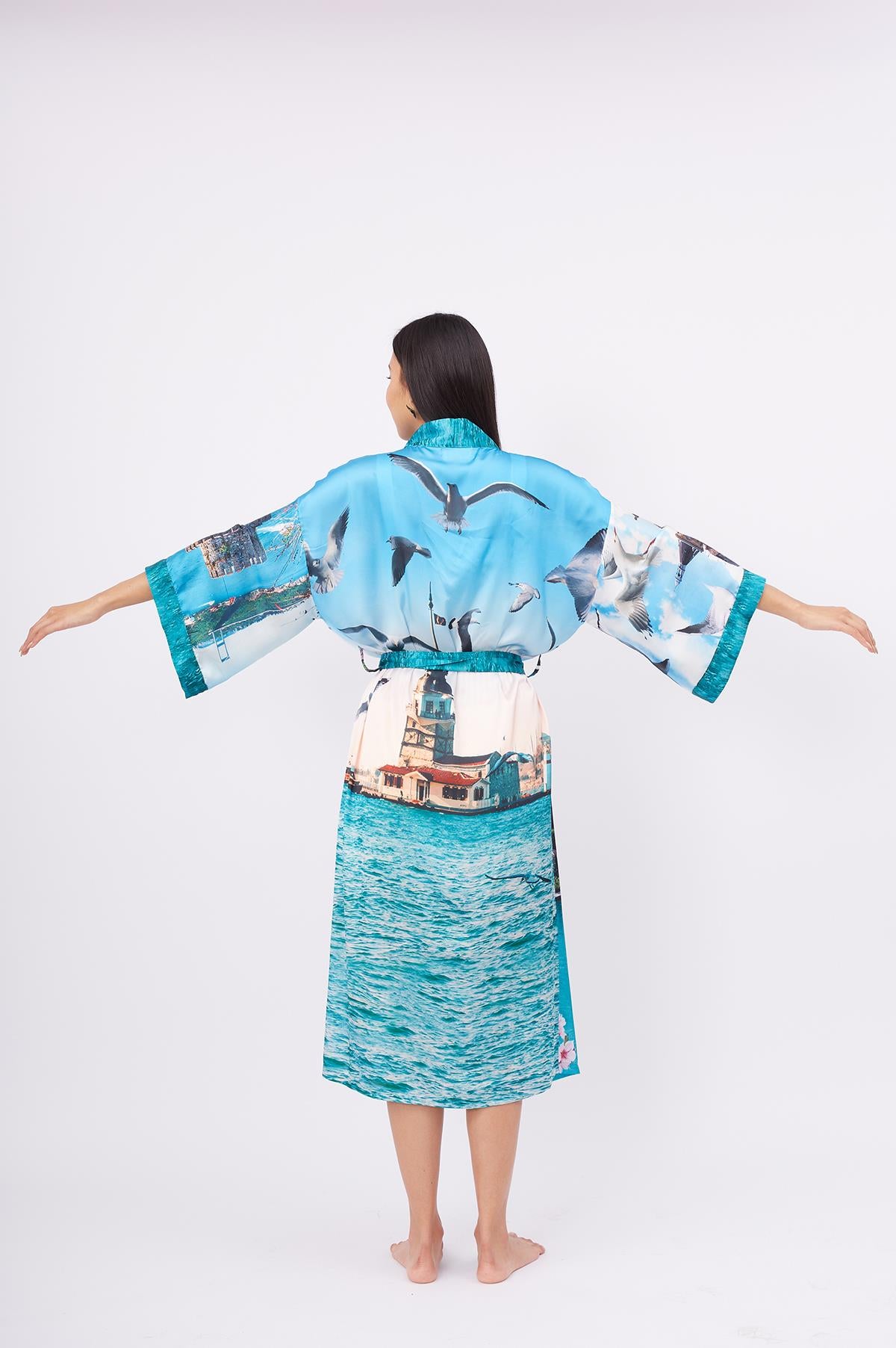 Peraluna-Istanbul Kimono İstanbul Manzara Baskılı 125 Cm Uzun Saten Kadın Kimono-Kimono-7-Milagron.com