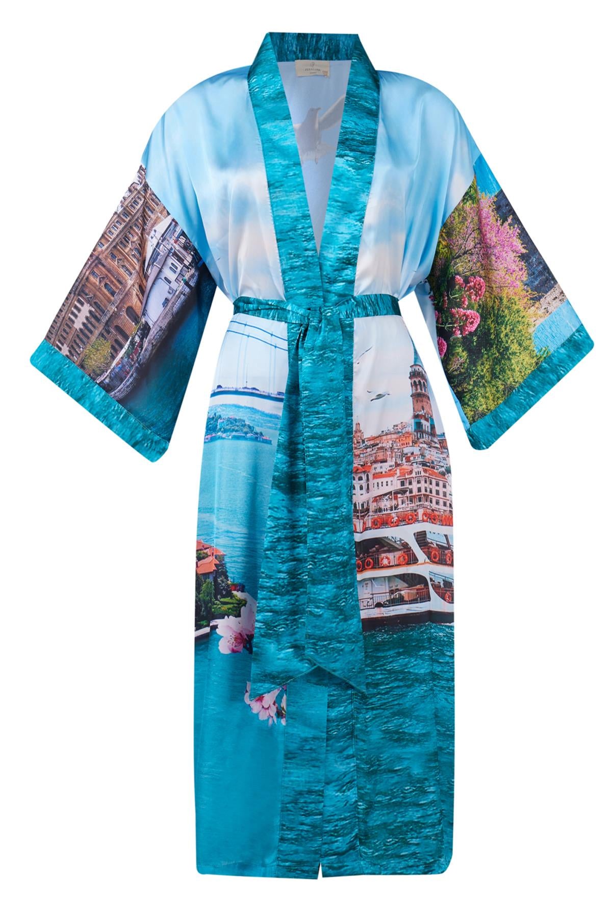 Peraluna-Istanbul Kimono İstanbul Manzara Baskılı 125 Cm Uzun Saten Kadın Kimono-Kimono-9-Milagron.com