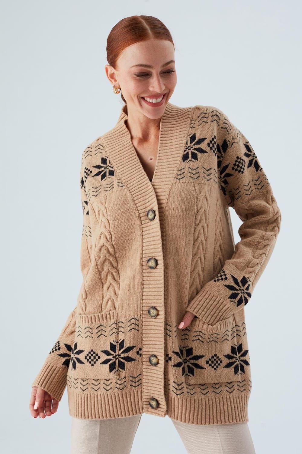 Peraluna-Ivory Cardigan Jakarlı Cepli Uzun Kadın Triko Hırka-Kazak & Triko-4-Milagron.com