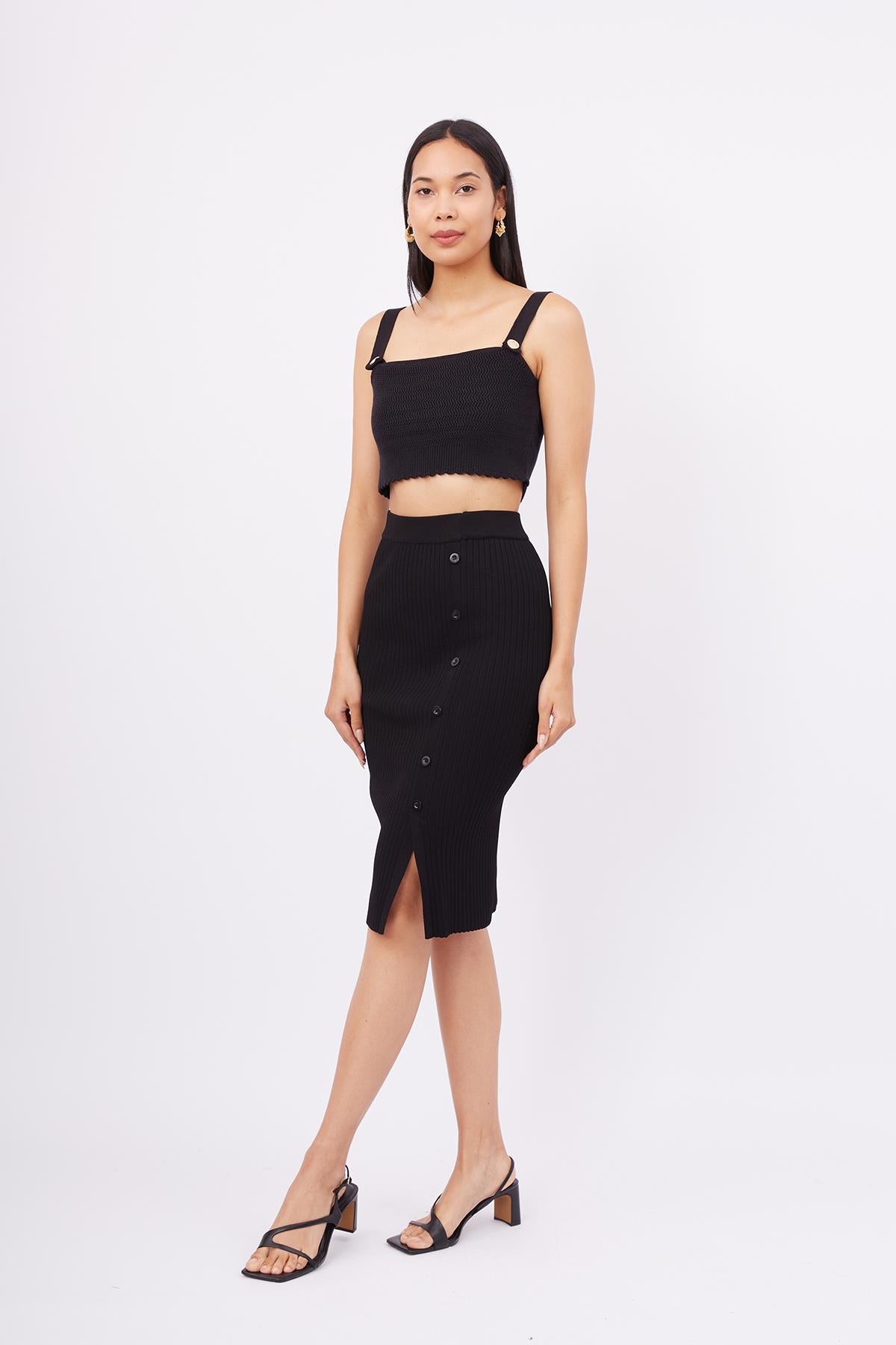 Peraluna-Jasmine Skirt Midi Boy Yandan Düğmeli Ribana Kadın Triko Etek Siyah-Etek-5-Milagron.com