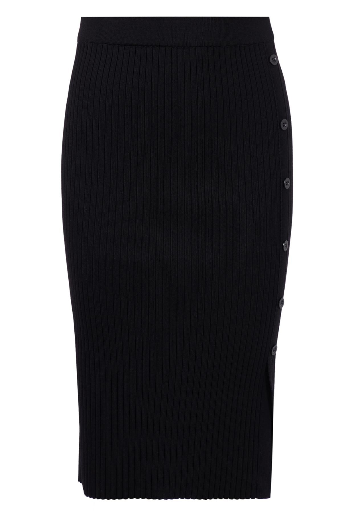 Peraluna-Jasmine Skirt Midi Boy Yandan Düğmeli Ribana Kadın Triko Etek Siyah-Etek-8-Milagron.com