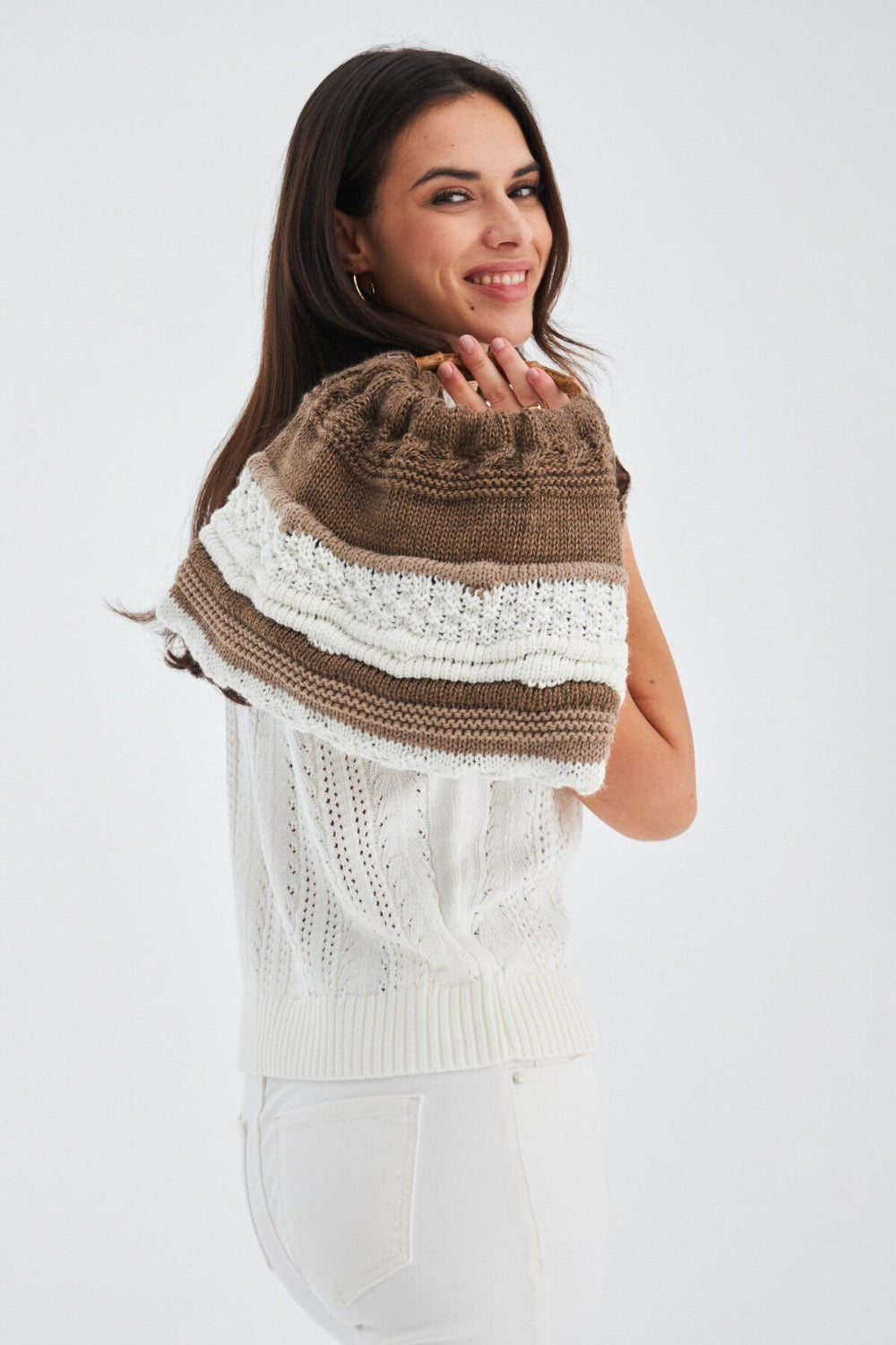 Peraluna-Joi̇ Bag Yuvarlak Saplı Yazlık Kadın Triko Çanta Kahve/Ekru-El Çantası-1-Milagron.com