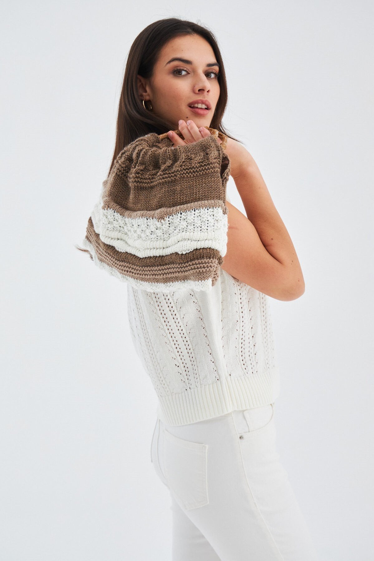 Peraluna-Joi̇ Bag Yuvarlak Saplı Yazlık Kadın Triko Çanta Kahve/Ekru-El Çantası-2-Milagron.com