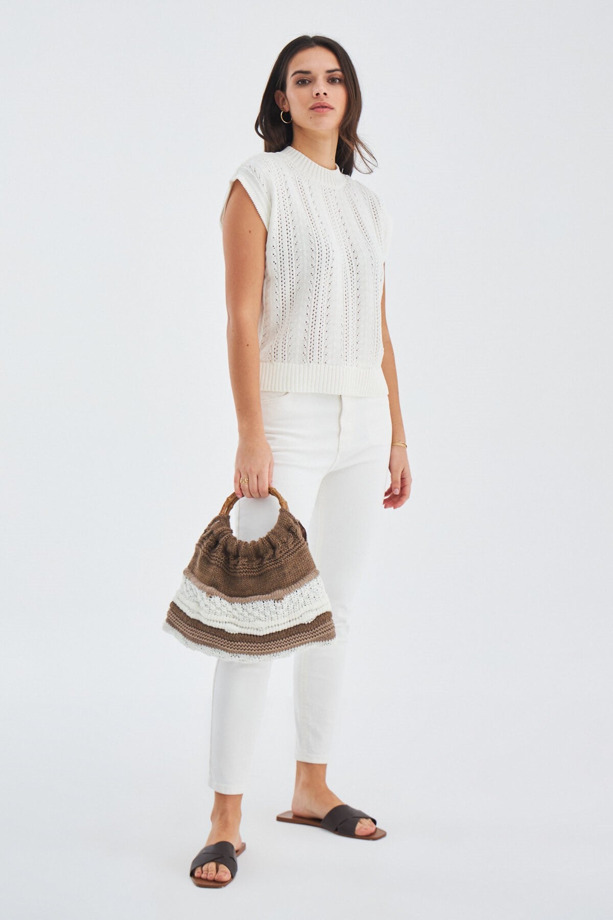 Peraluna-Joi̇ Bag Yuvarlak Saplı Yazlık Kadın Triko Çanta Kahve/Ekru-El Çantası-4-Milagron.com