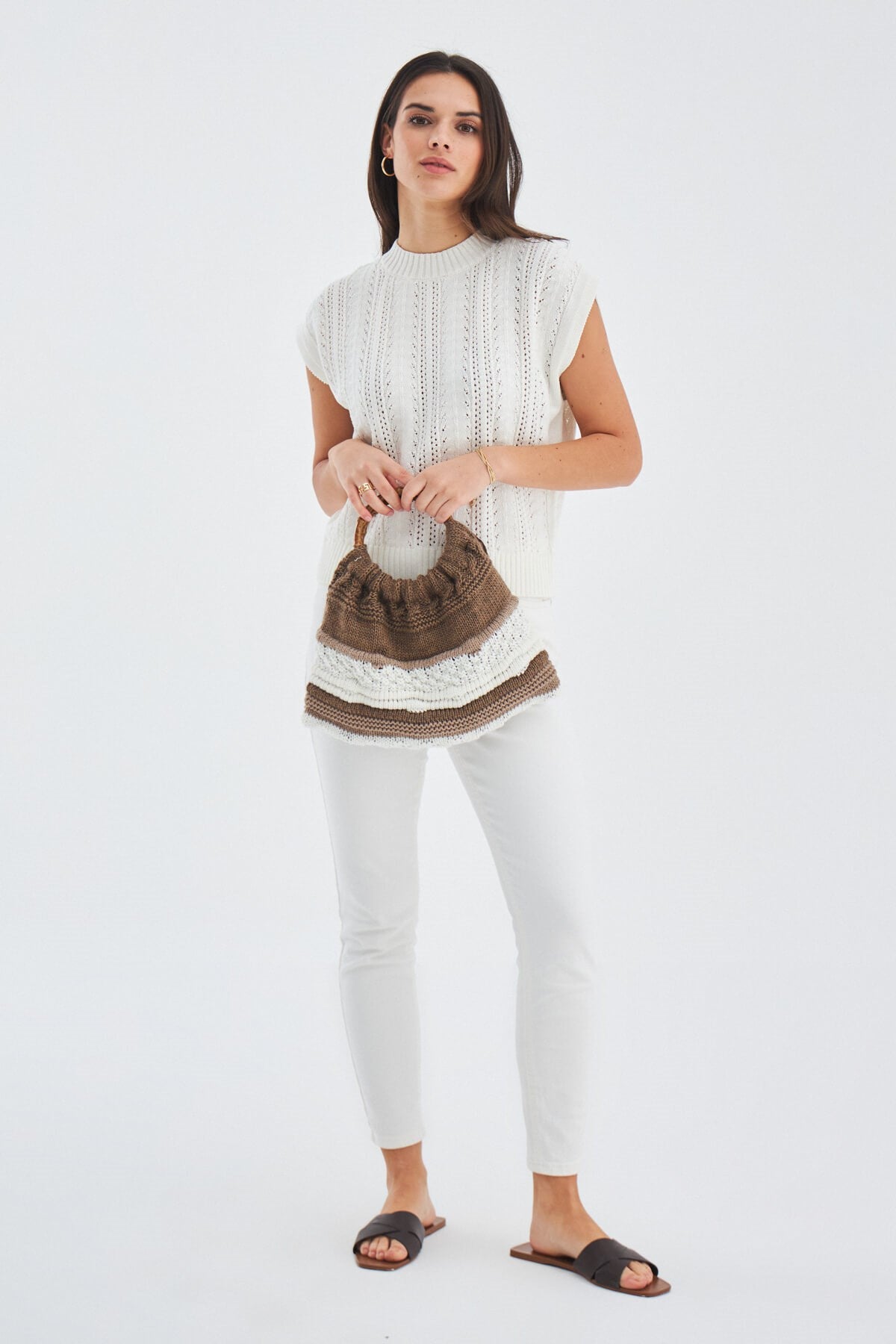 Peraluna-Joi̇ Bag Yuvarlak Saplı Yazlık Kadın Triko Çanta Kahve/Ekru-El Çantası-5-Milagron.com