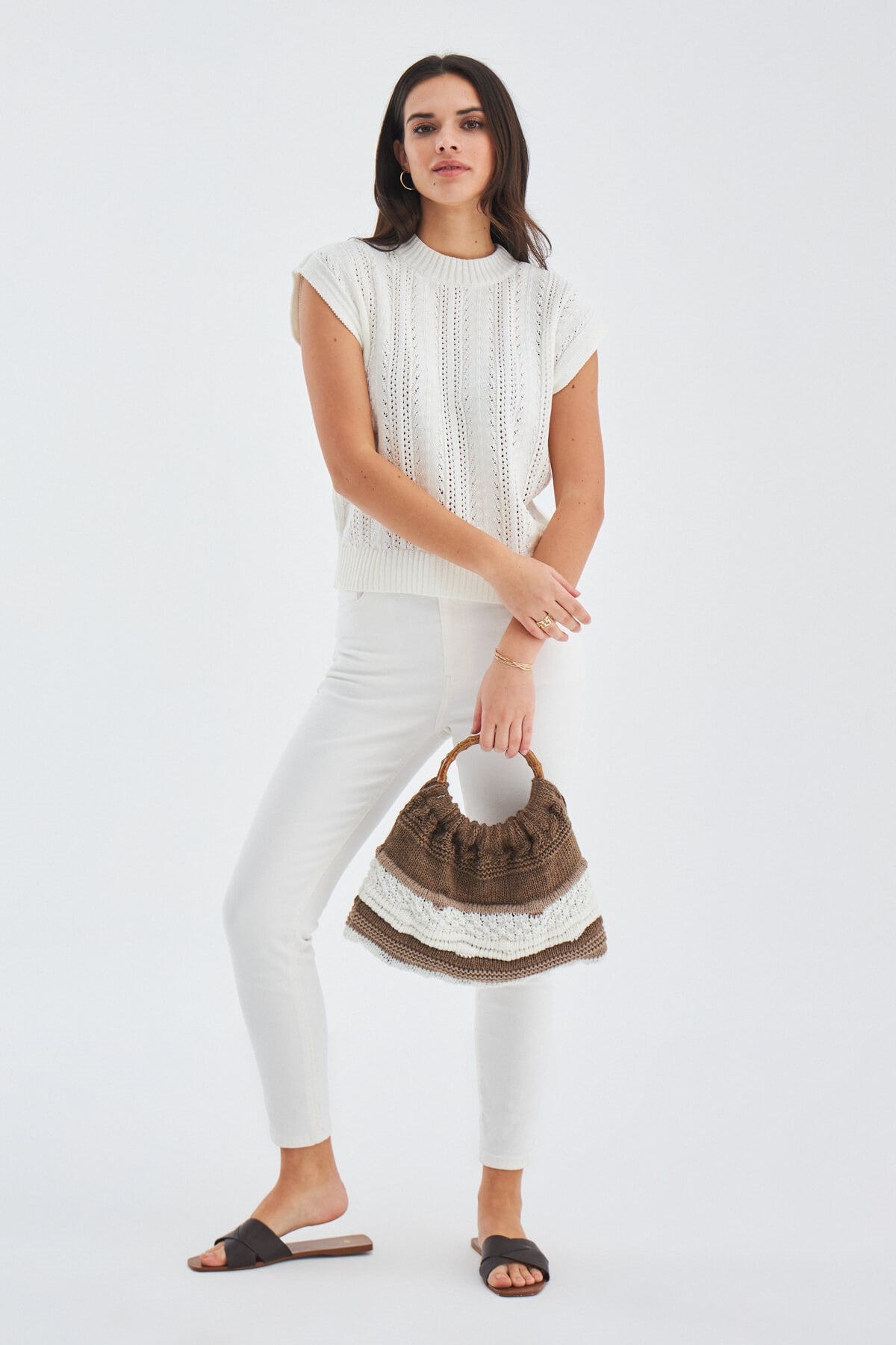 Peraluna-Joi̇ Bag Yuvarlak Saplı Yazlık Kadın Triko Çanta Kahve/Ekru-El Çantası-6-Milagron.com