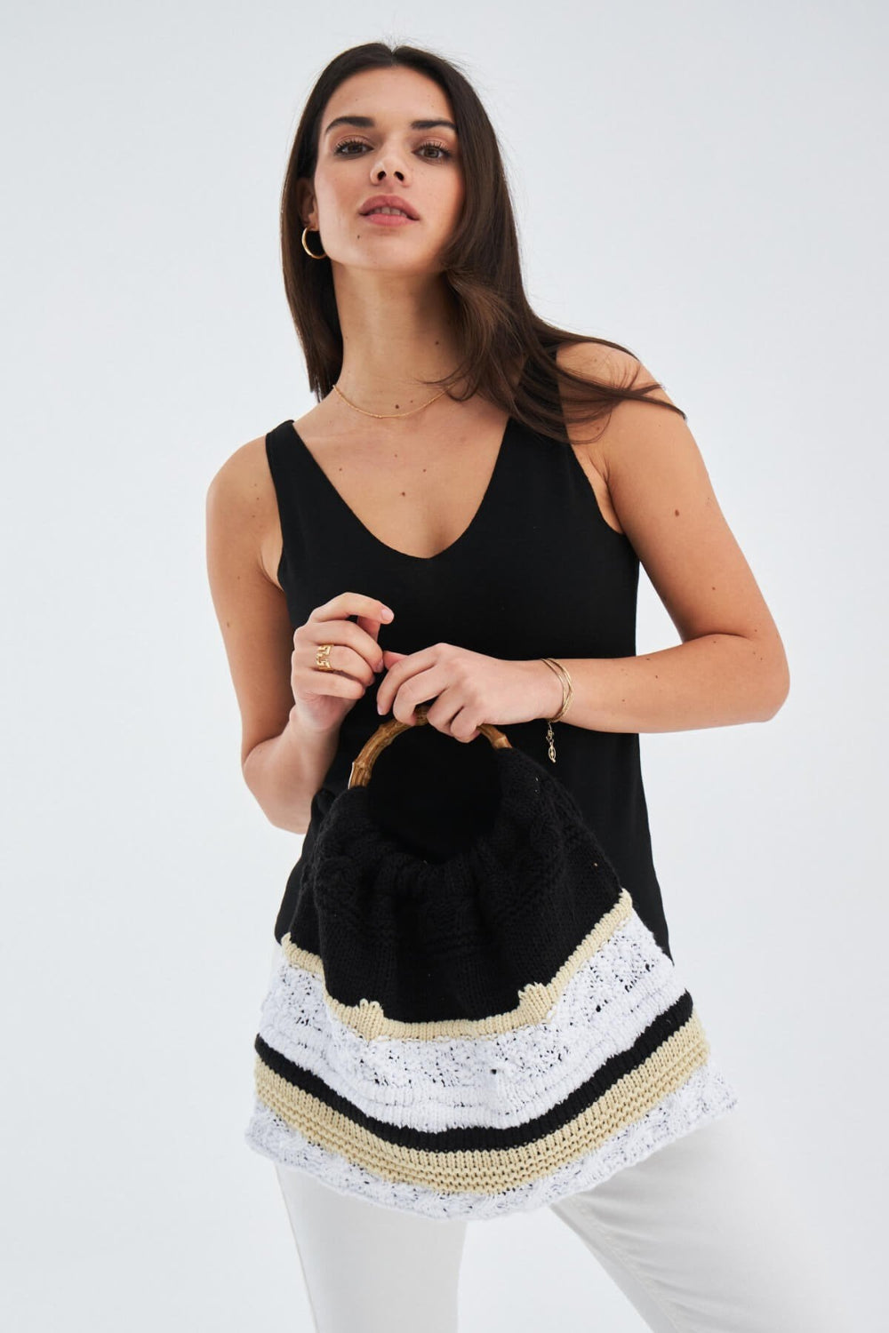 Peraluna-Joi̇ Bag Yuvarlak Saplı Yazlık Kadın Triko Çanta Siyah/Ekru-El Çantası-1-Milagron.com