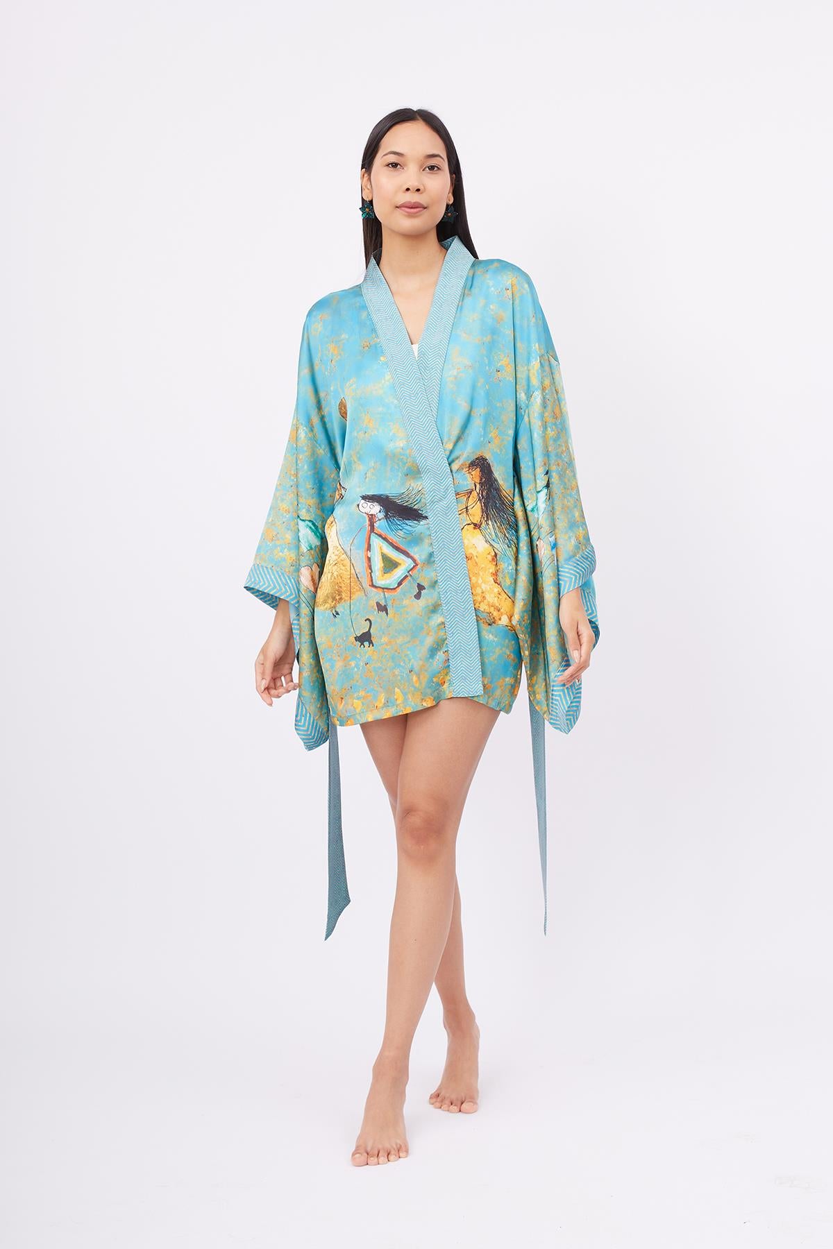 Peraluna-Joy Short Kimono Anne çocuk Baskılı Kısa Saten Kadın Kimono Turkuaz-Kimono-1-Milagron.com