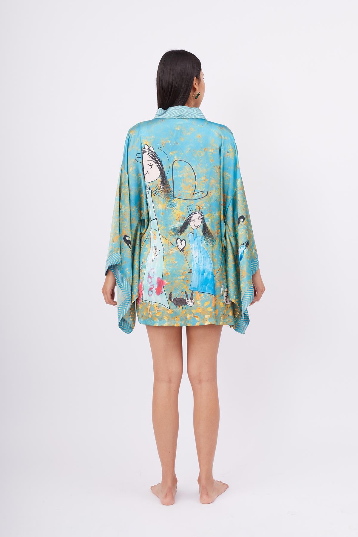 Peraluna-Joy Short Kimono Anne çocuk Baskılı Kısa Saten Kadın Kimono Turkuaz-Kimono-10-Milagron.com