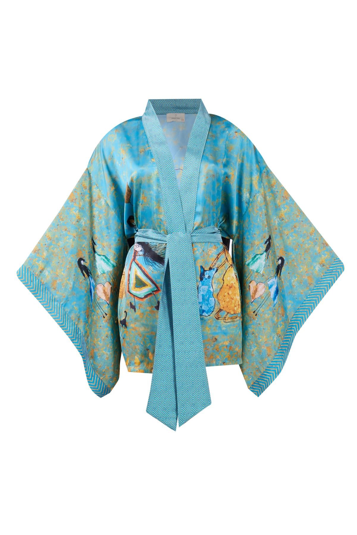 Peraluna-Joy Short Kimono Anne çocuk Baskılı Kısa Saten Kadın Kimono Turkuaz-Kimono-11-Milagron.com