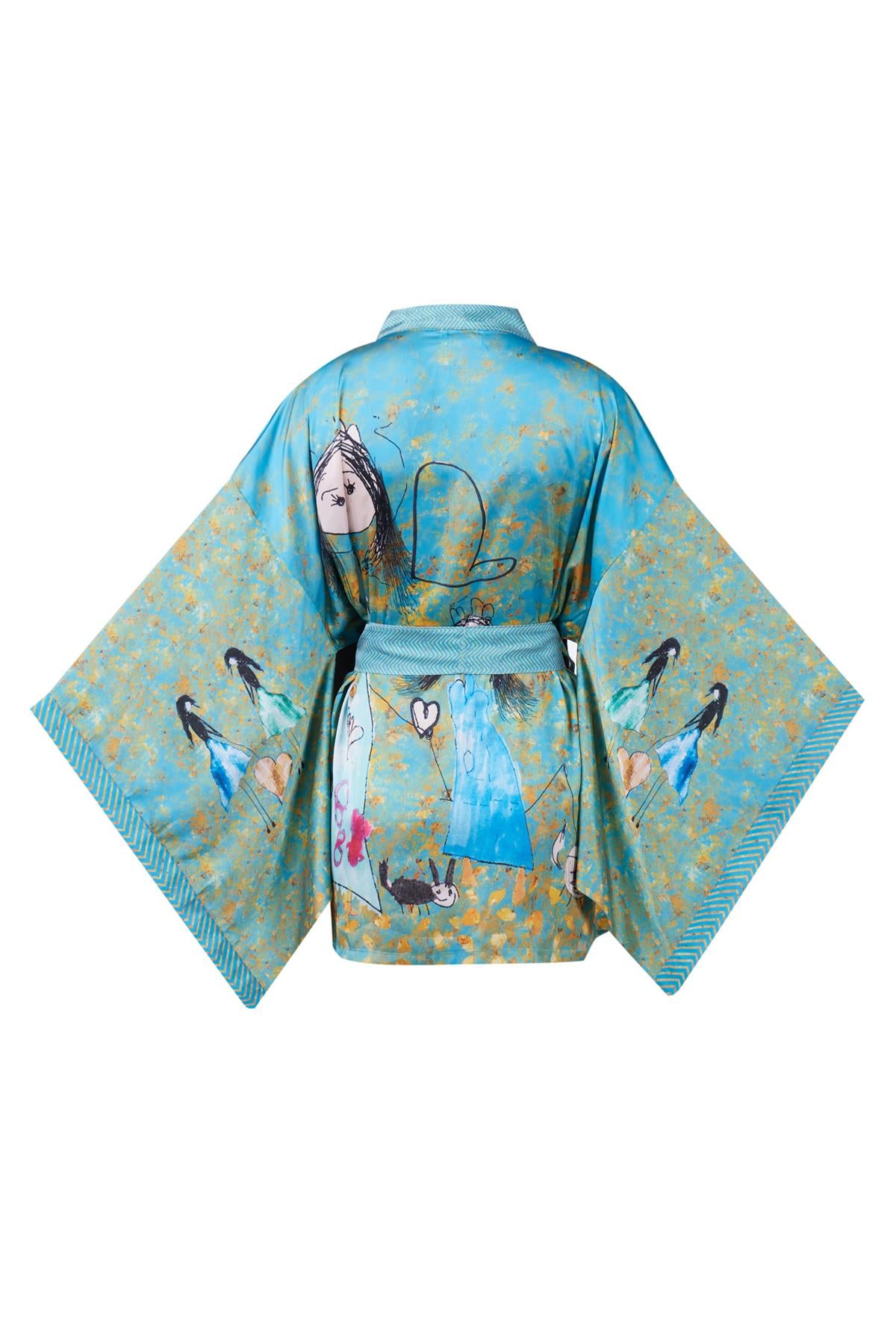 Peraluna-Joy Short Kimono Anne çocuk Baskılı Kısa Saten Kadın Kimono Turkuaz-Kimono-12-Milagron.com