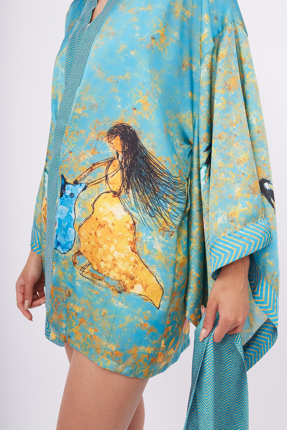 Peraluna-Joy Short Kimono Anne çocuk Baskılı Kısa Saten Kadın Kimono Turkuaz-Kimono-4-Milagron.com