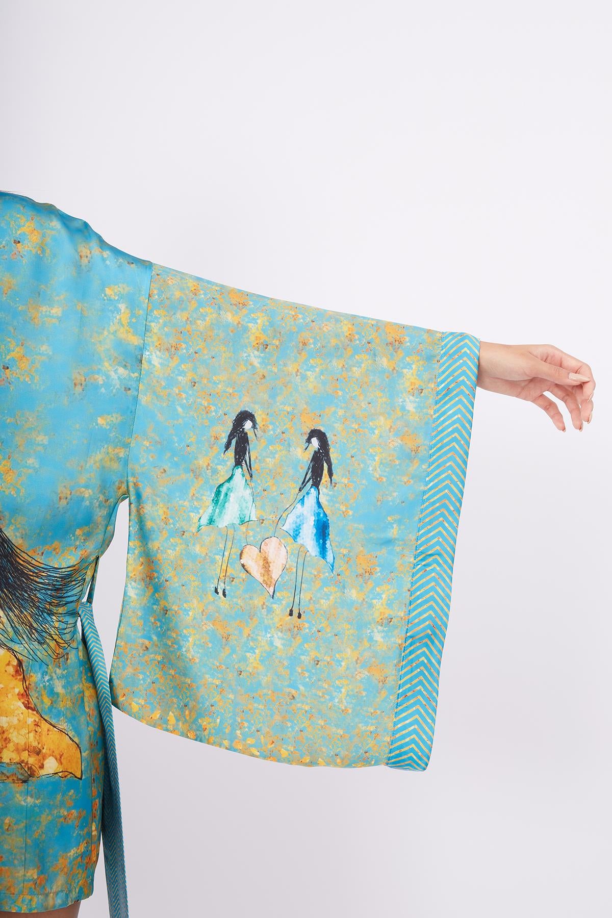 Peraluna-Joy Short Kimono Anne çocuk Baskılı Kısa Saten Kadın Kimono Turkuaz-Kimono-5-Milagron.com