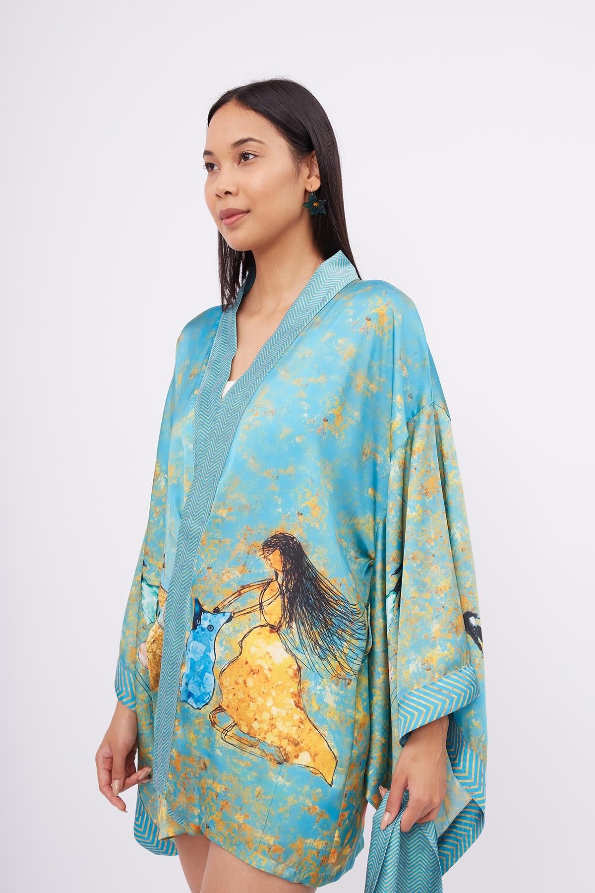 Peraluna-Joy Short Kimono Anne çocuk Baskılı Kısa Saten Kadın Kimono Turkuaz-Kimono-7-Milagron.com