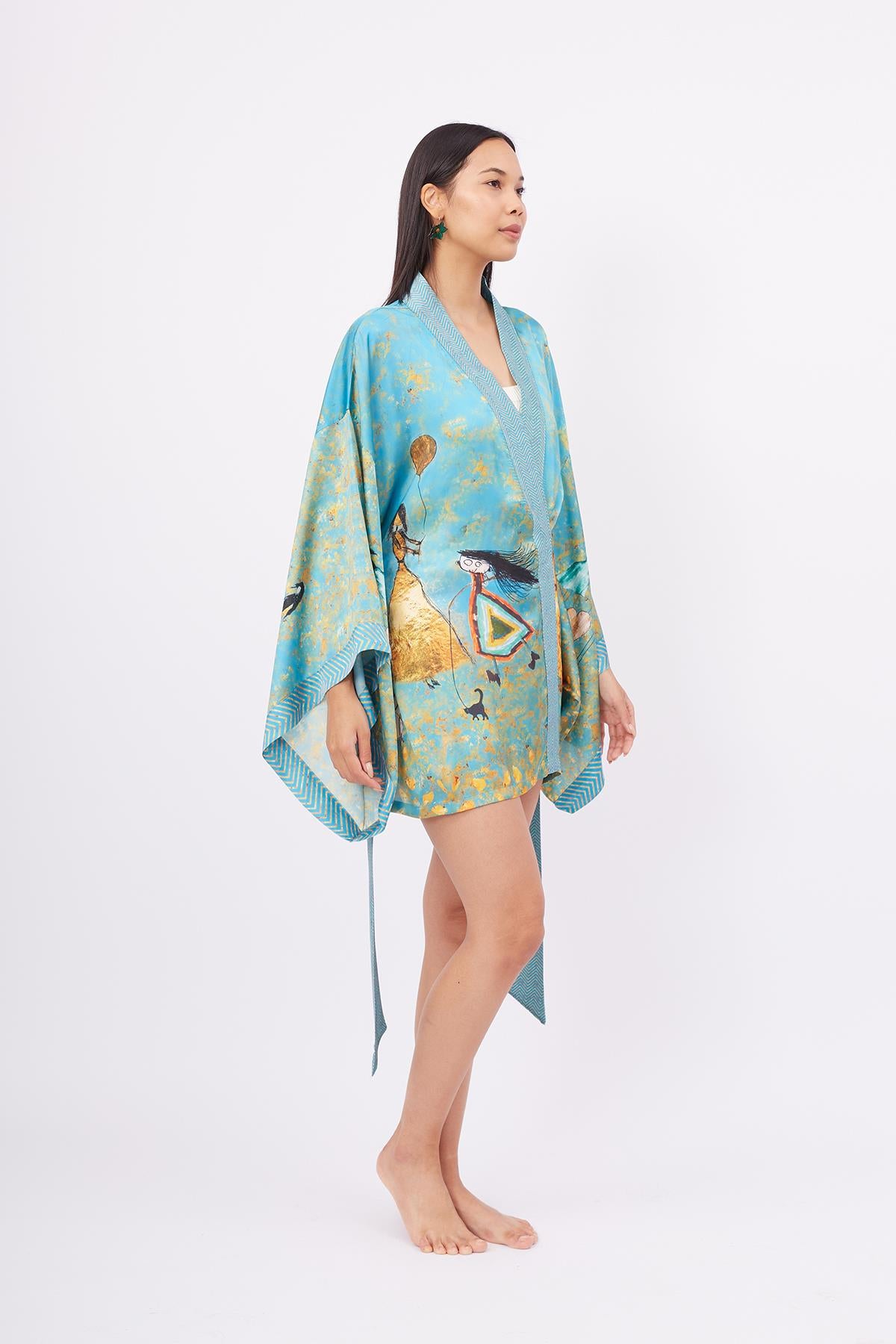 Peraluna-Joy Short Kimono Anne çocuk Baskılı Kısa Saten Kadın Kimono Turkuaz-Kimono-8-Milagron.com