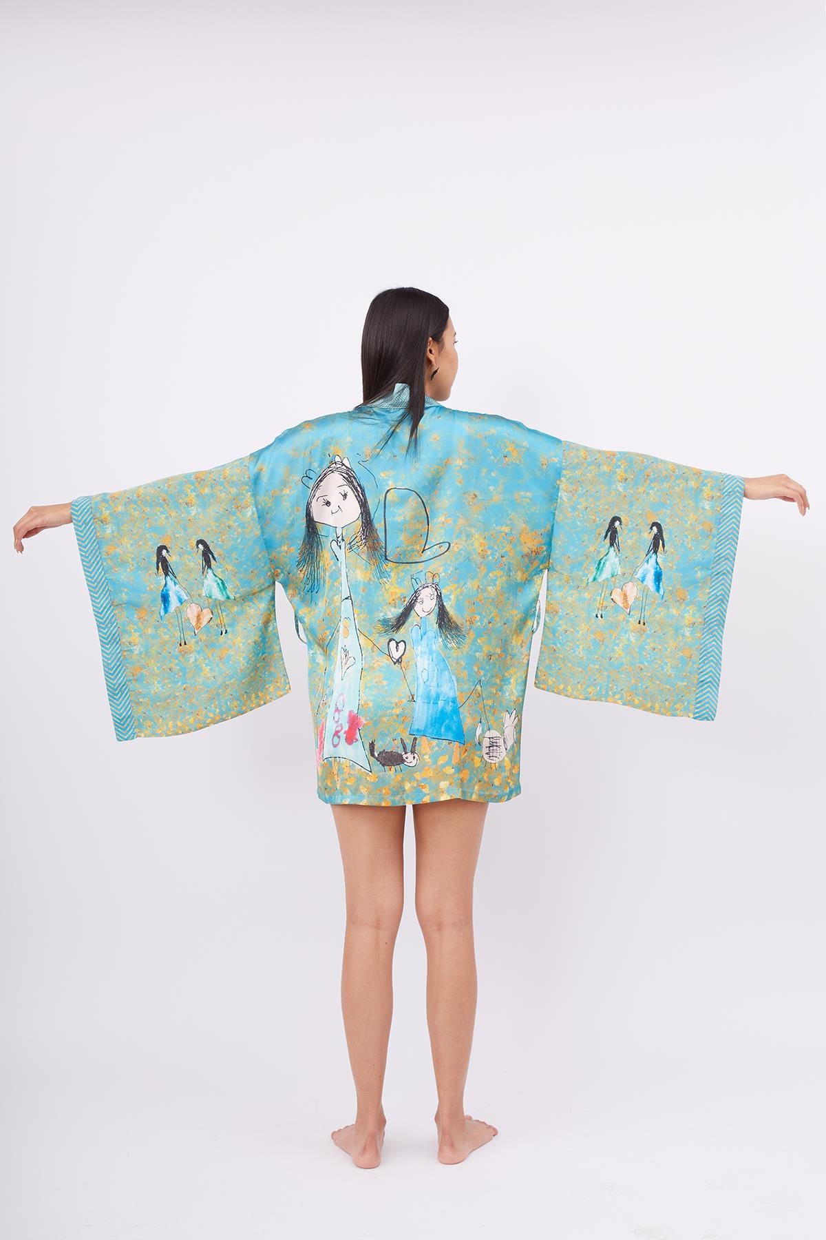 Peraluna-Joy Short Kimono Anne çocuk Baskılı Kısa Saten Kadın Kimono Turkuaz-Kimono-9-Milagron.com
