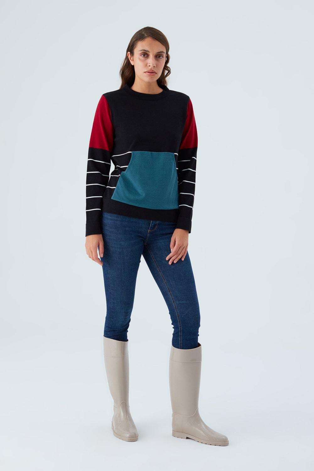 Peraluna-June Pullover %100 Pamuk Çizgili Kangru Cepli Kadın Triko Kazak -Kazak & Triko-1-Milagron.com