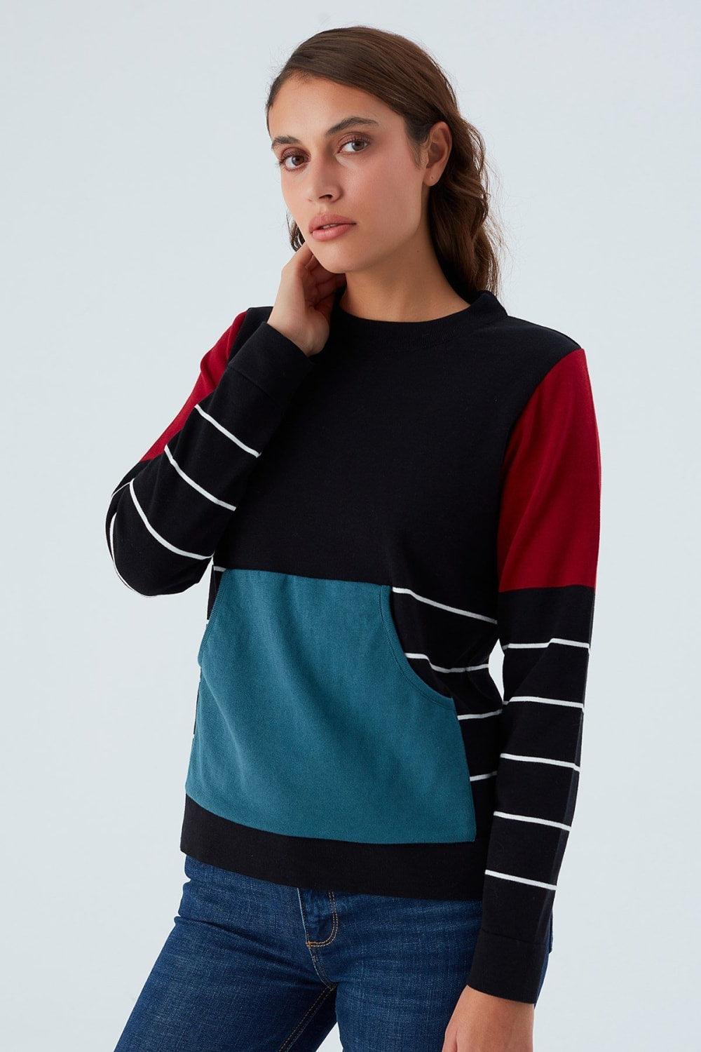 Peraluna-June Pullover %100 Pamuk Çizgili Kangru Cepli Kadın Triko Kazak -Kazak & Triko-2-Milagron.com