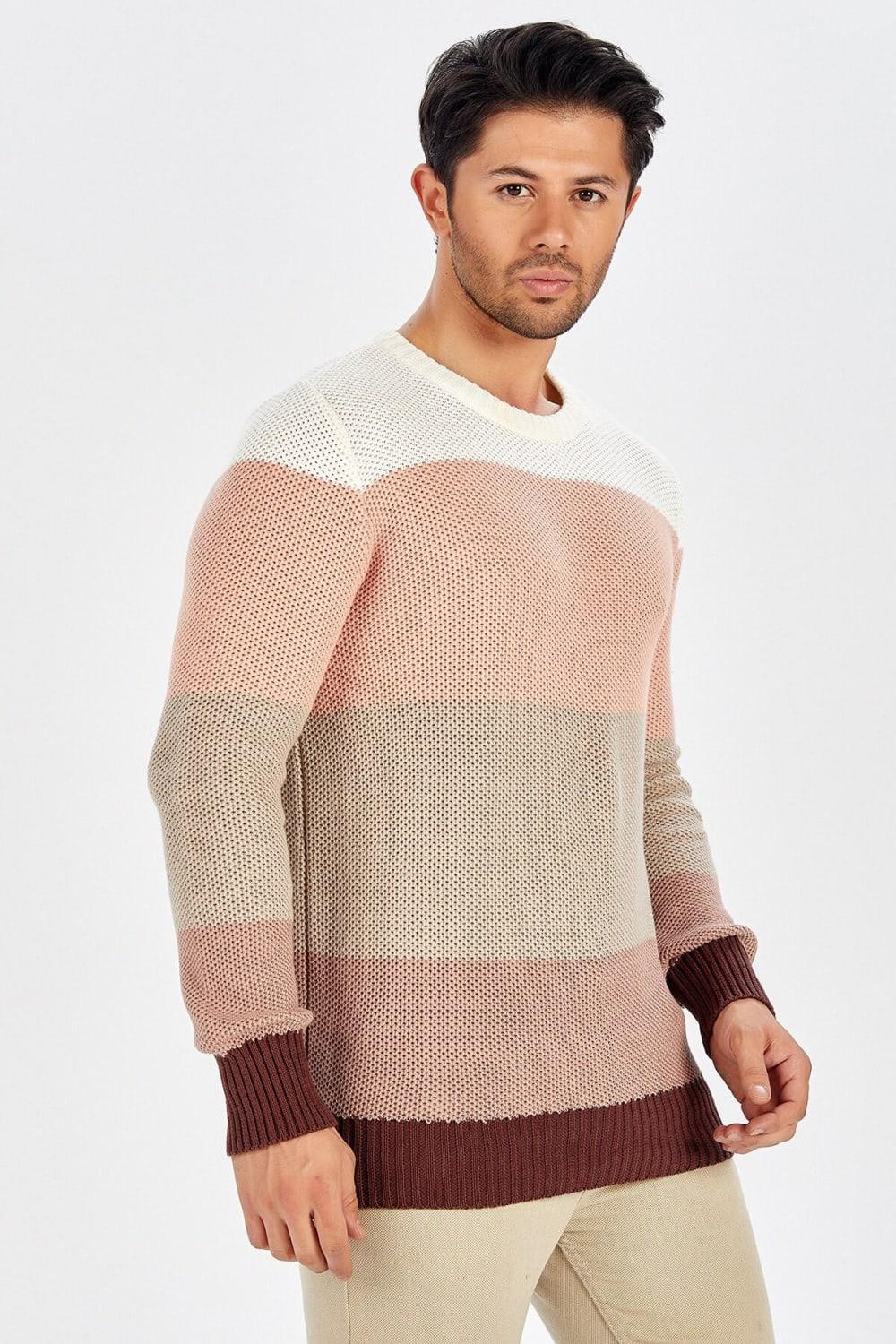 Peraluna-Kahve Rengi Geçişli Bisiklet Yaka Erkek Triko Kazak-Kazak & Triko-1-Milagron.com