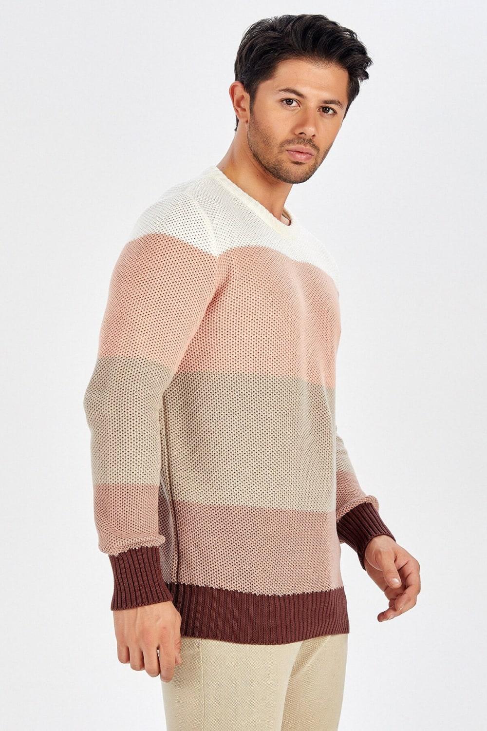 Peraluna-Kahve Rengi Geçişli Bisiklet Yaka Erkek Triko Kazak-Kazak & Triko-3-Milagron.com