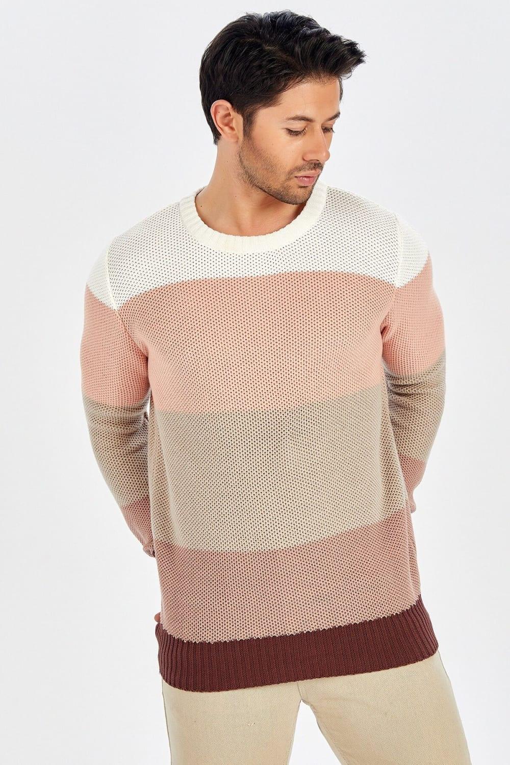 Peraluna-Kahve Rengi Geçişli Bisiklet Yaka Erkek Triko Kazak-Kazak & Triko-4-Milagron.com