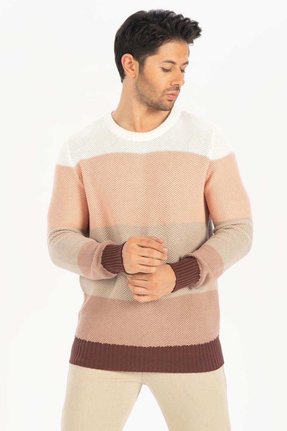 Peraluna-Kahve Rengi Geçişli Bisiklet Yaka Erkek Triko Kazak-Kazak & Triko-5-Milagron.com