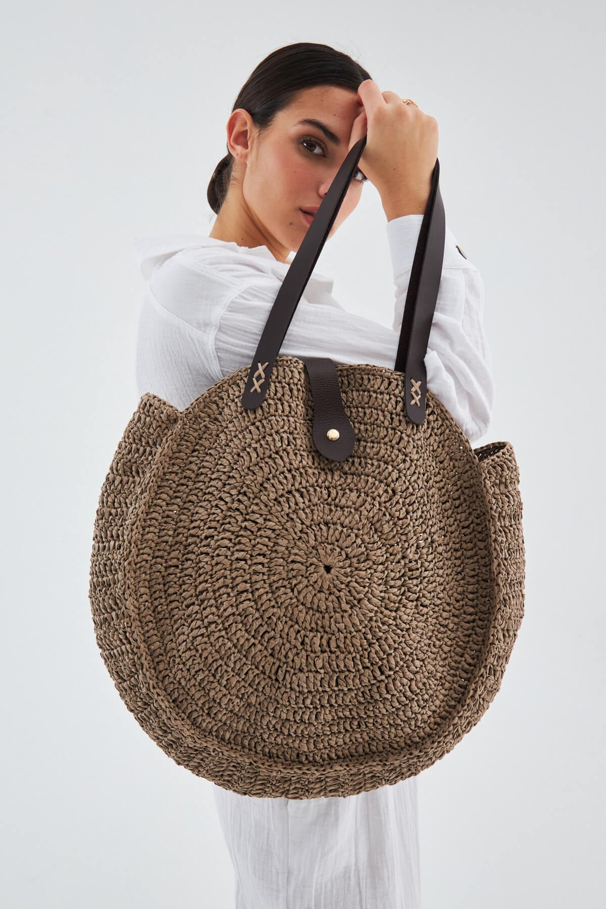 Peraluna Kai Bag Deri Saplı El Örgüsü Kadın Omuz Çantası - Vizon