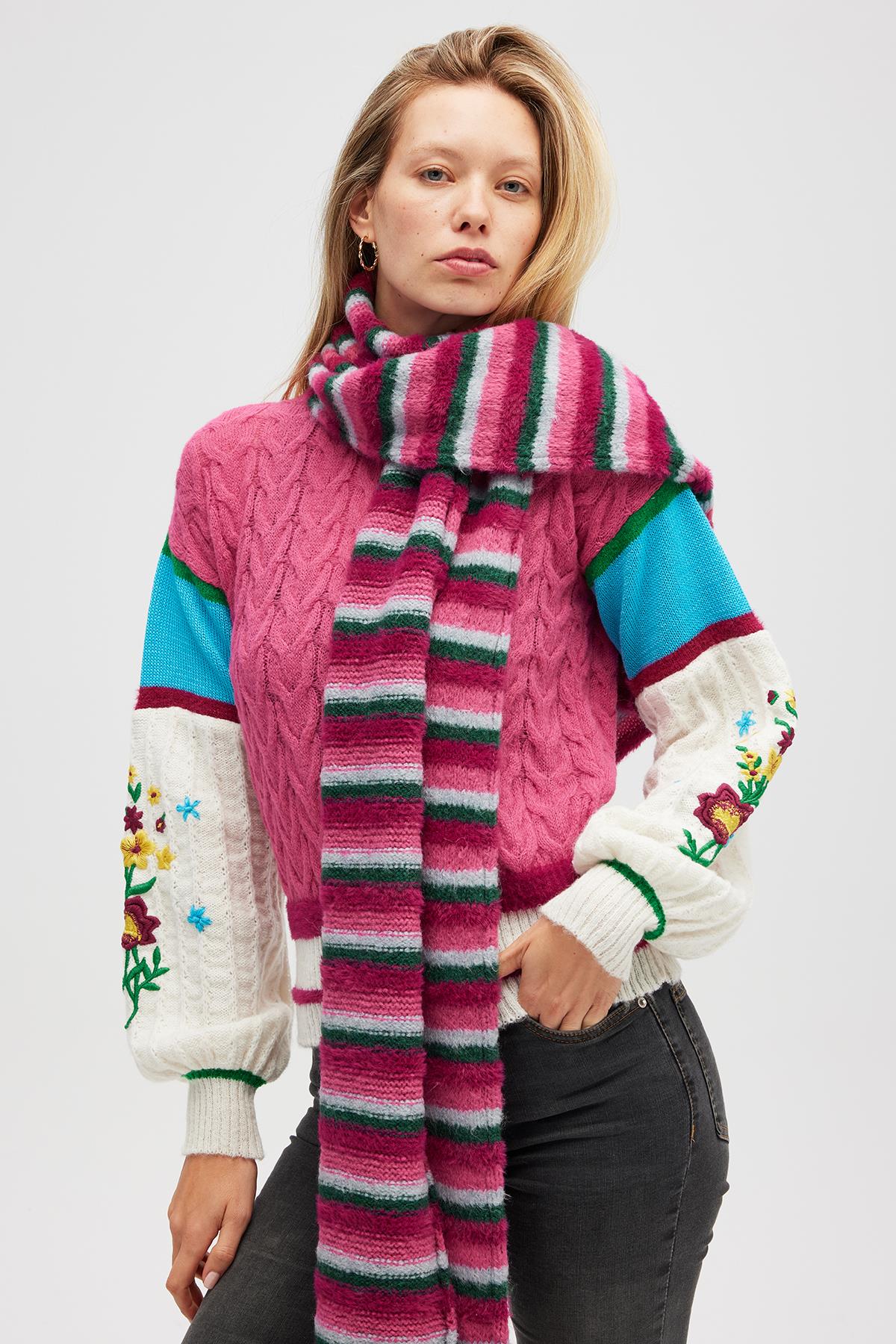 Peraluna-Karmina Yumuşak Dokulu Unisex Atkı Koyu Yeşil Multi-Atkı-3-Milagron.com