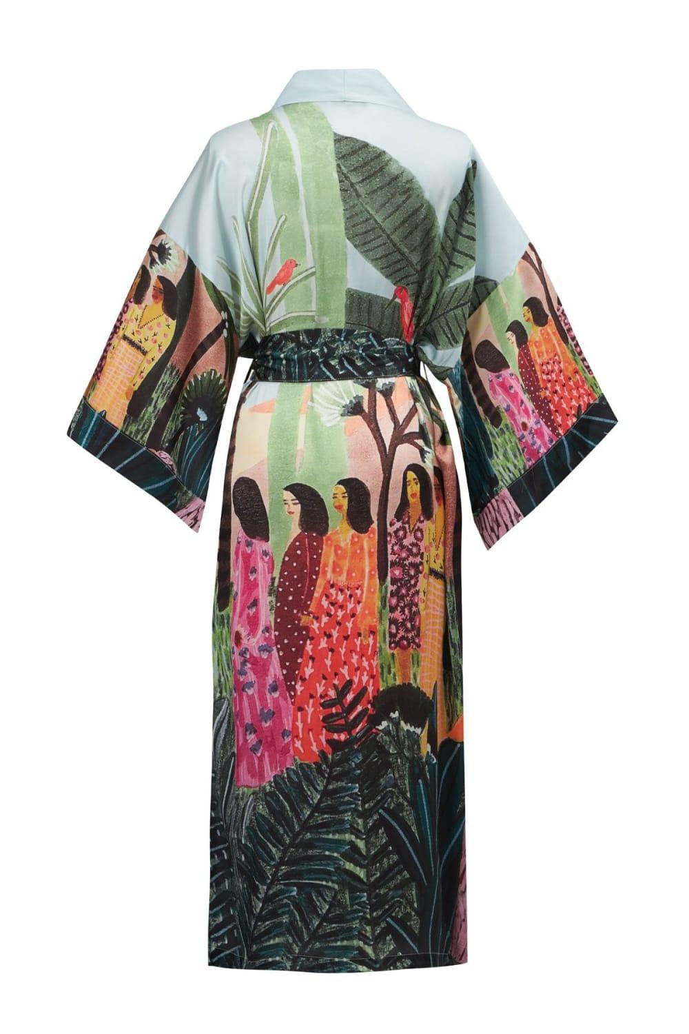 Peraluna-Kauri̇ Tropik Desenli Bilek Hizası Saten Kadın Kimono-Kimono-10-Milagron.com