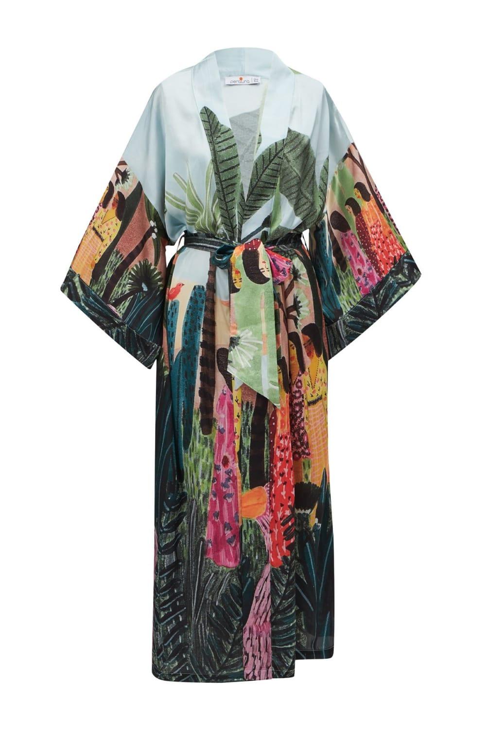 Peraluna-Kauri̇ Tropik Desenli Bilek Hizası Saten Kadın Kimono-Kimono-9-Milagron.com