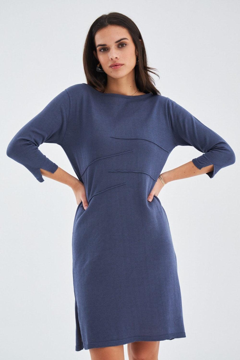 Peraluna-Kayık Yaka Sade Yazlık Kadın Triko Elbise-Elbise-3-Milagron.com