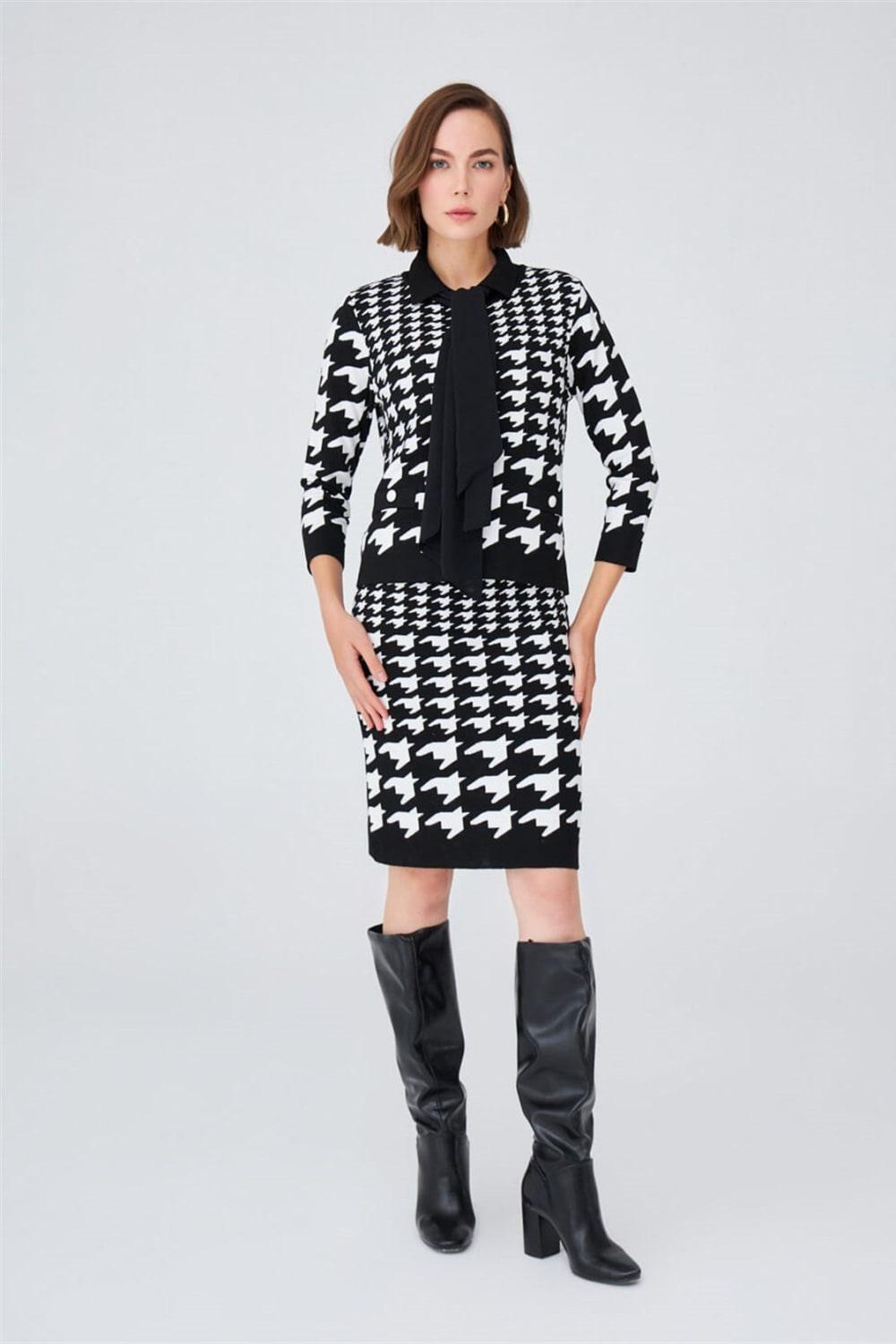 Peraluna-Kazayağı Desen Dar Kesim Mini Kadın Triko Etek-Etek-3-Milagron.com