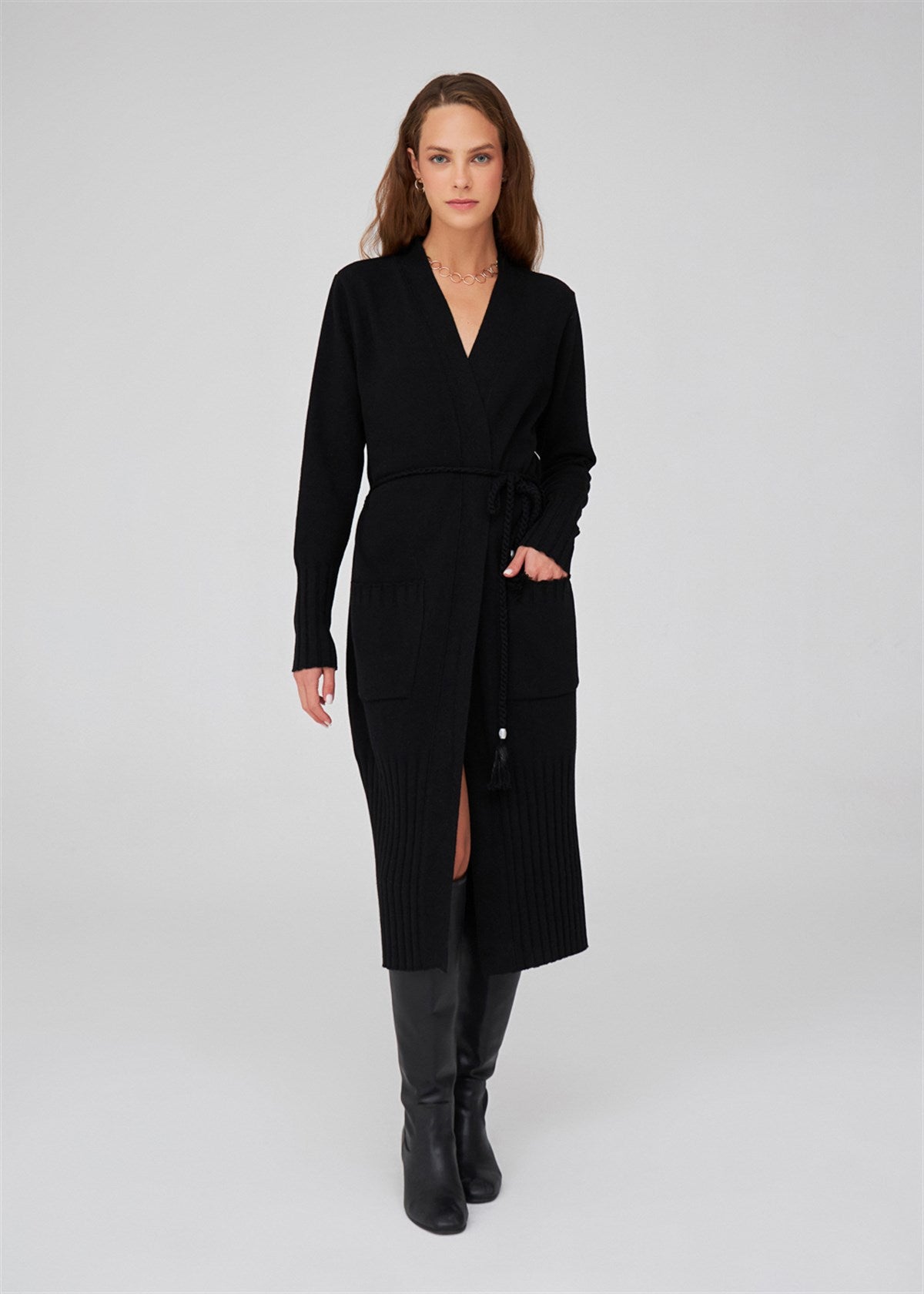 Peraluna-Kemerli Şal Yaka Kaşmir Karışım Uzun Kadın Triko Hırka-Kazak & Triko-1-Milagron.com