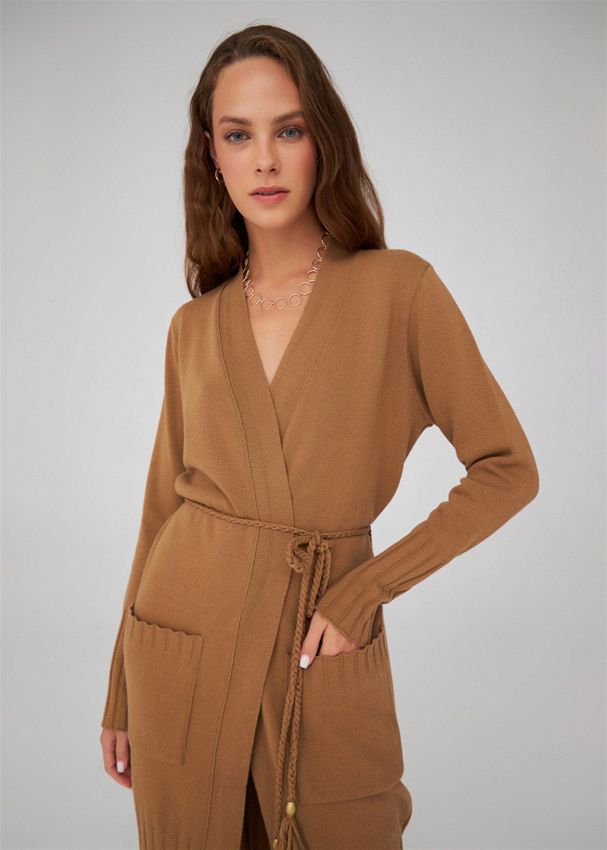 Peraluna-Kemerli Şal Yaka Kaşmir Karışım Uzun Kadın Triko Hırka-Kazak & Triko-10-Milagron.com