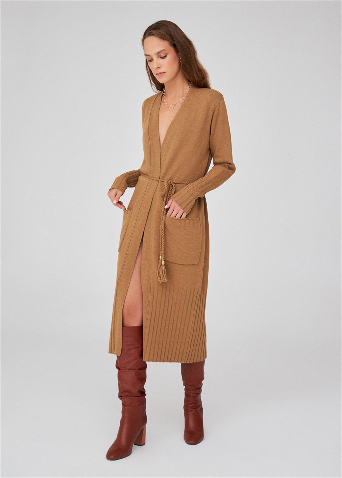 Peraluna-Kemerli Şal Yaka Kaşmir Karışım Uzun Kadın Triko Hırka-Kazak & Triko-11-Milagron.com