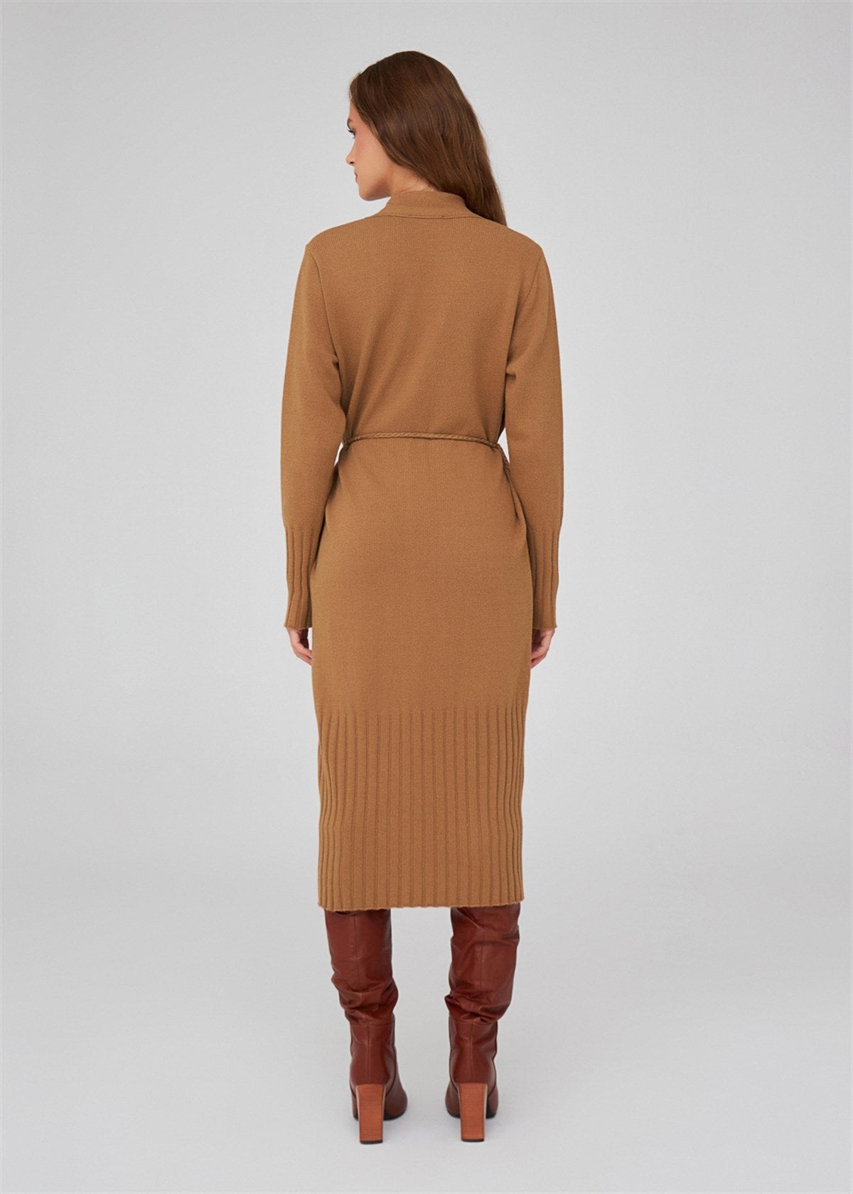 Peraluna-Kemerli Şal Yaka Kaşmir Karışım Uzun Kadın Triko Hırka-Kazak & Triko-14-Milagron.com