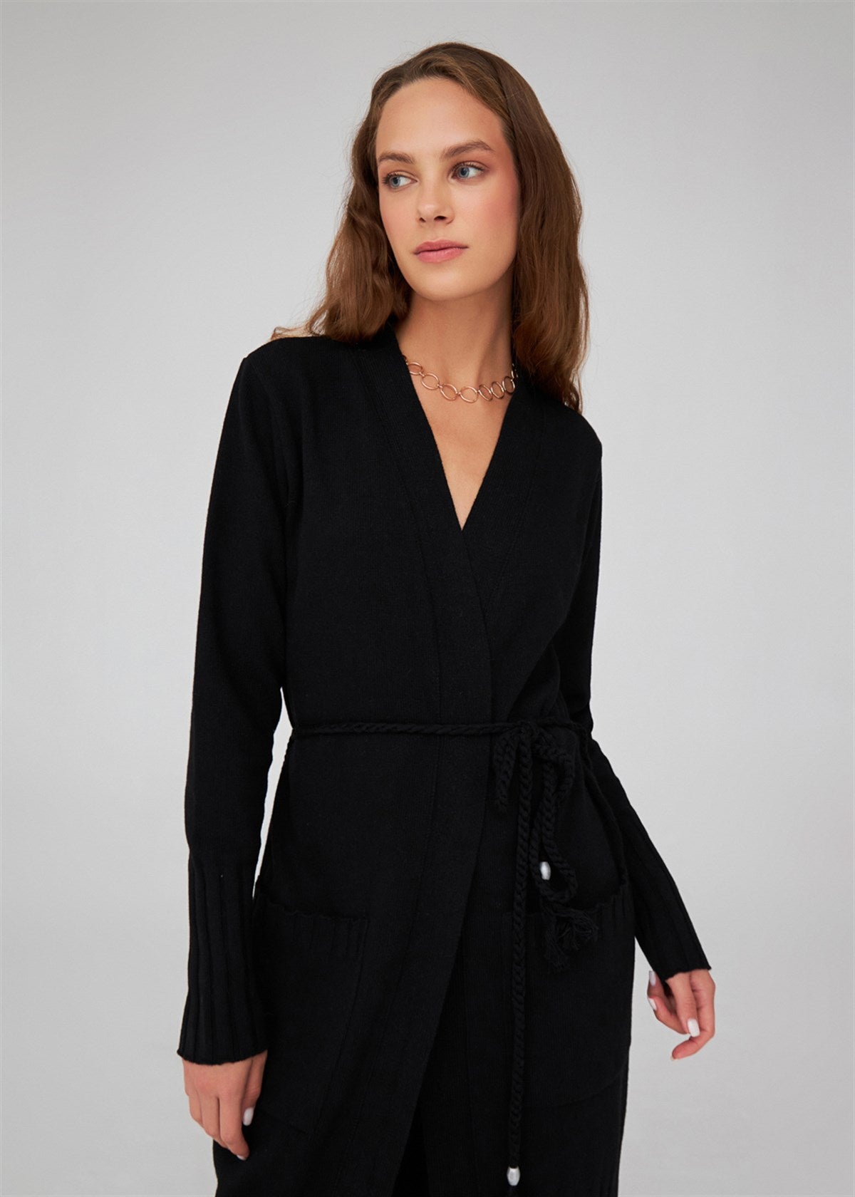 Peraluna-Kemerli Şal Yaka Kaşmir Karışım Uzun Kadın Triko Hırka-Kazak & Triko-2-Milagron.com