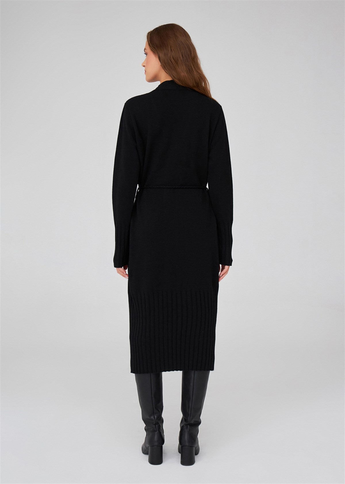 Peraluna-Kemerli Şal Yaka Kaşmir Karışım Uzun Kadın Triko Hırka-Kazak & Triko-5-Milagron.com