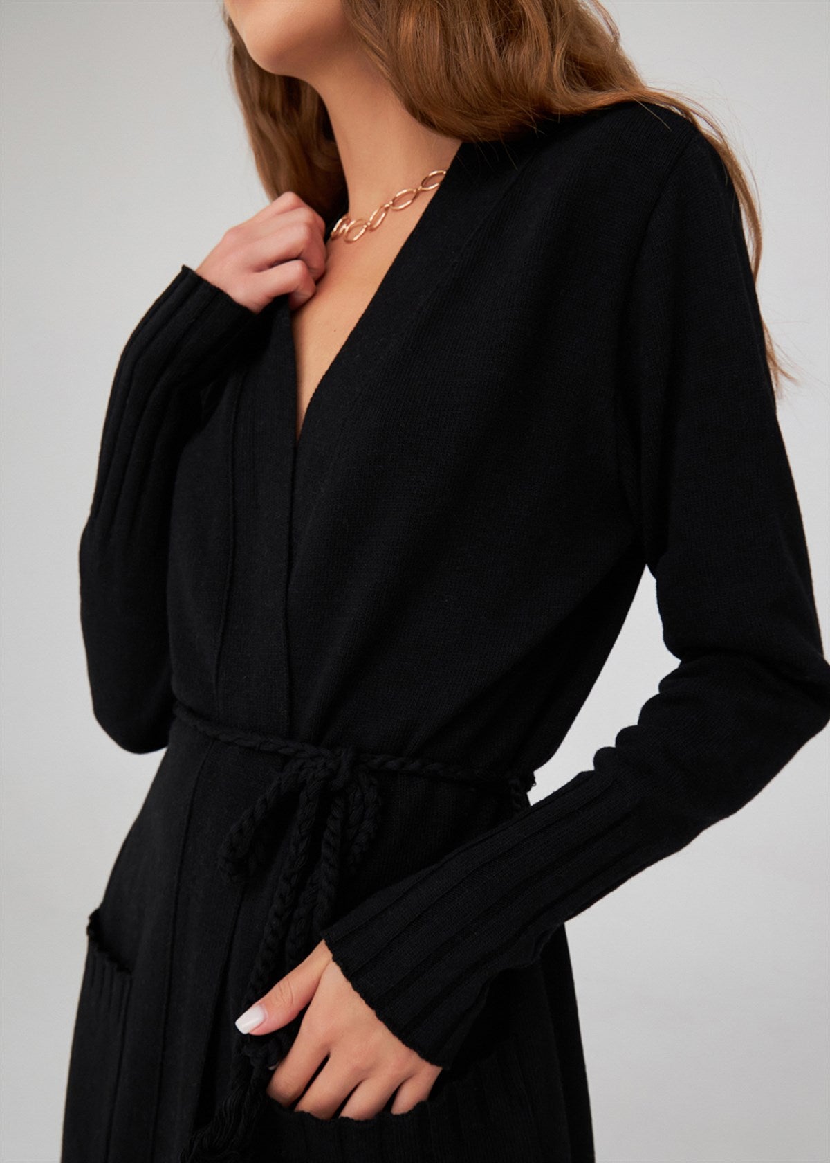 Peraluna-Kemerli Şal Yaka Kaşmir Karışım Uzun Kadın Triko Hırka-Kazak & Triko-6-Milagron.com