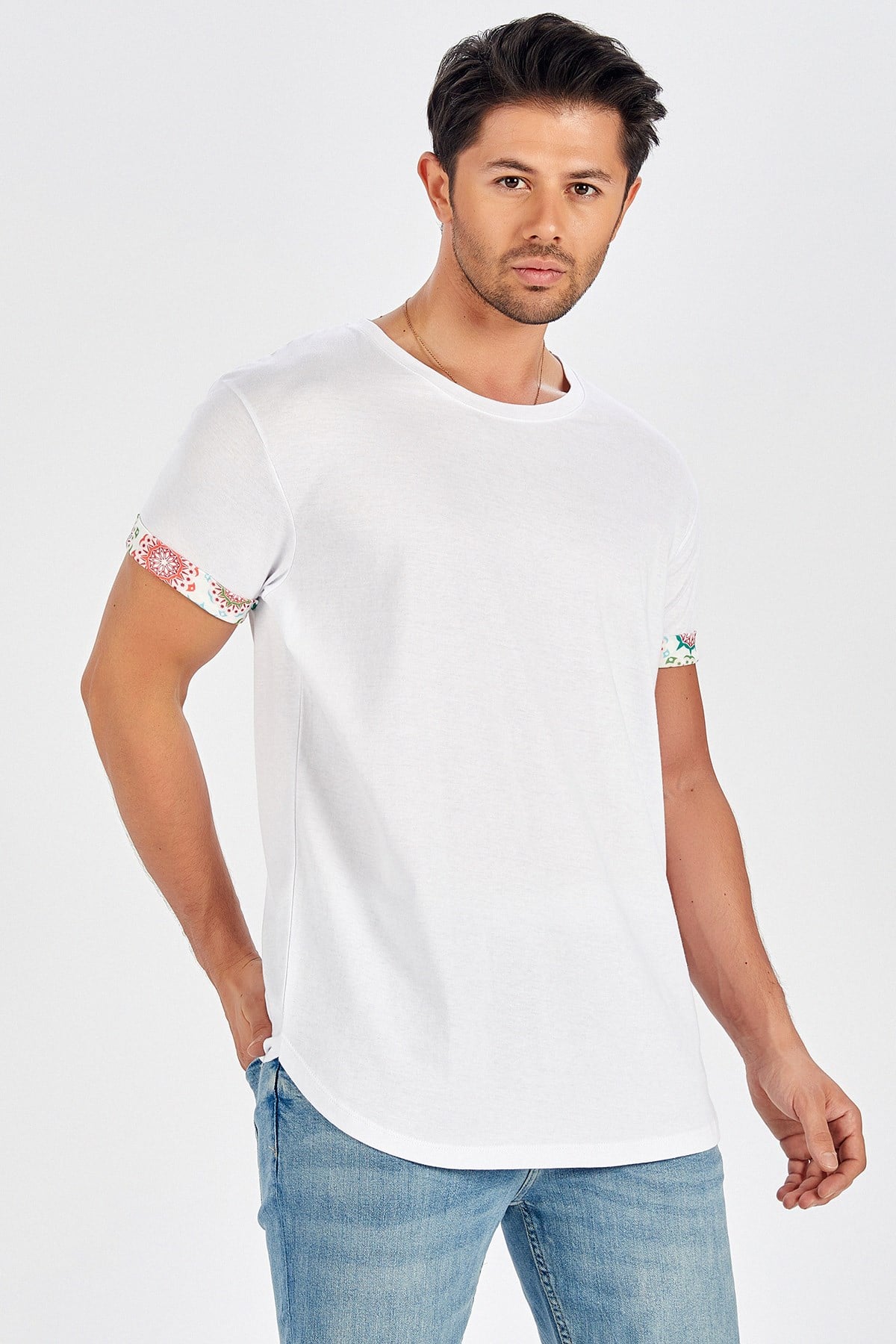 Peraluna Kol Ucu Baskılı Uzun Erkek T-Shirt - Beyaz