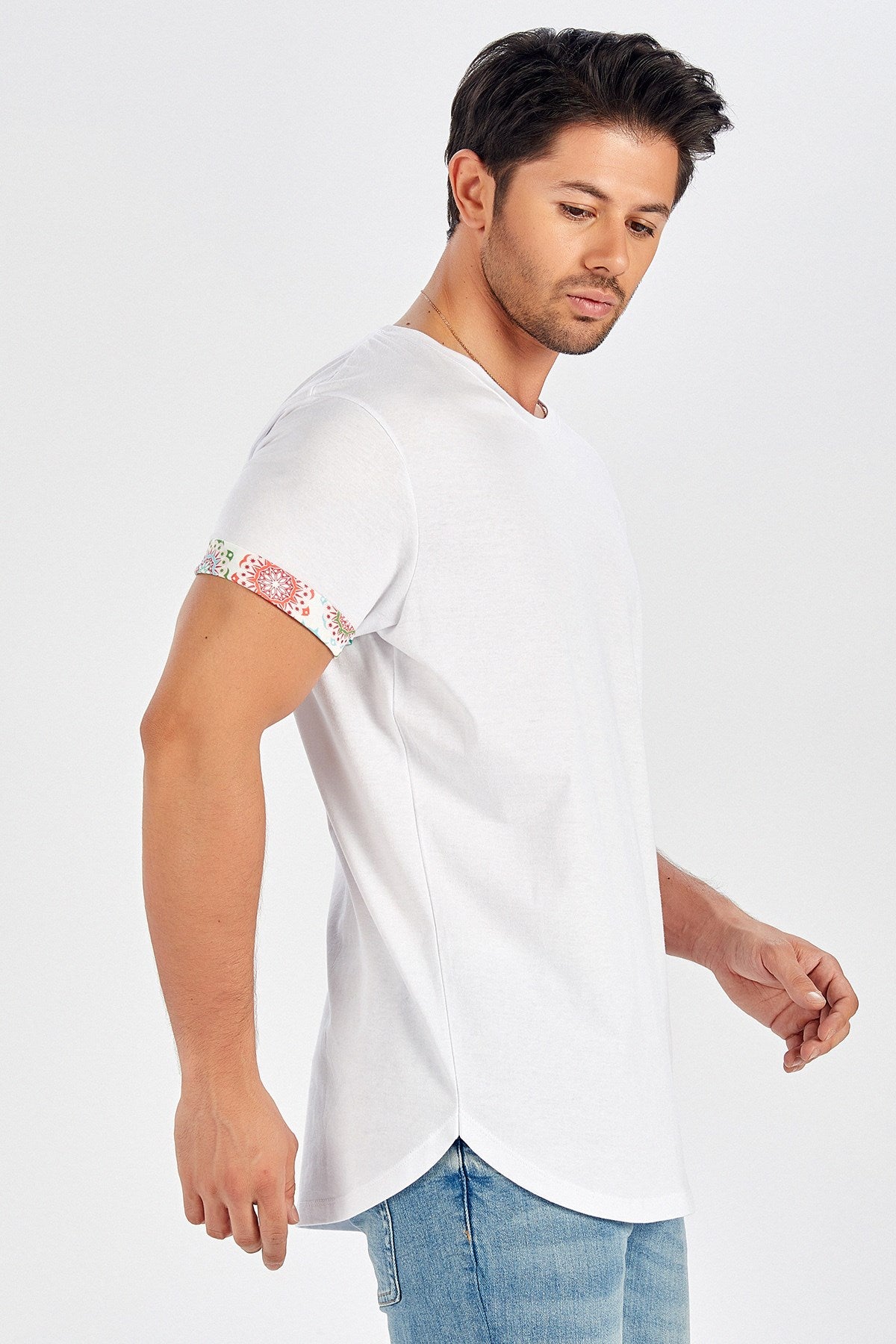 Peraluna Kol Ucu Baskılı Uzun Erkek T-Shirt - Beyaz