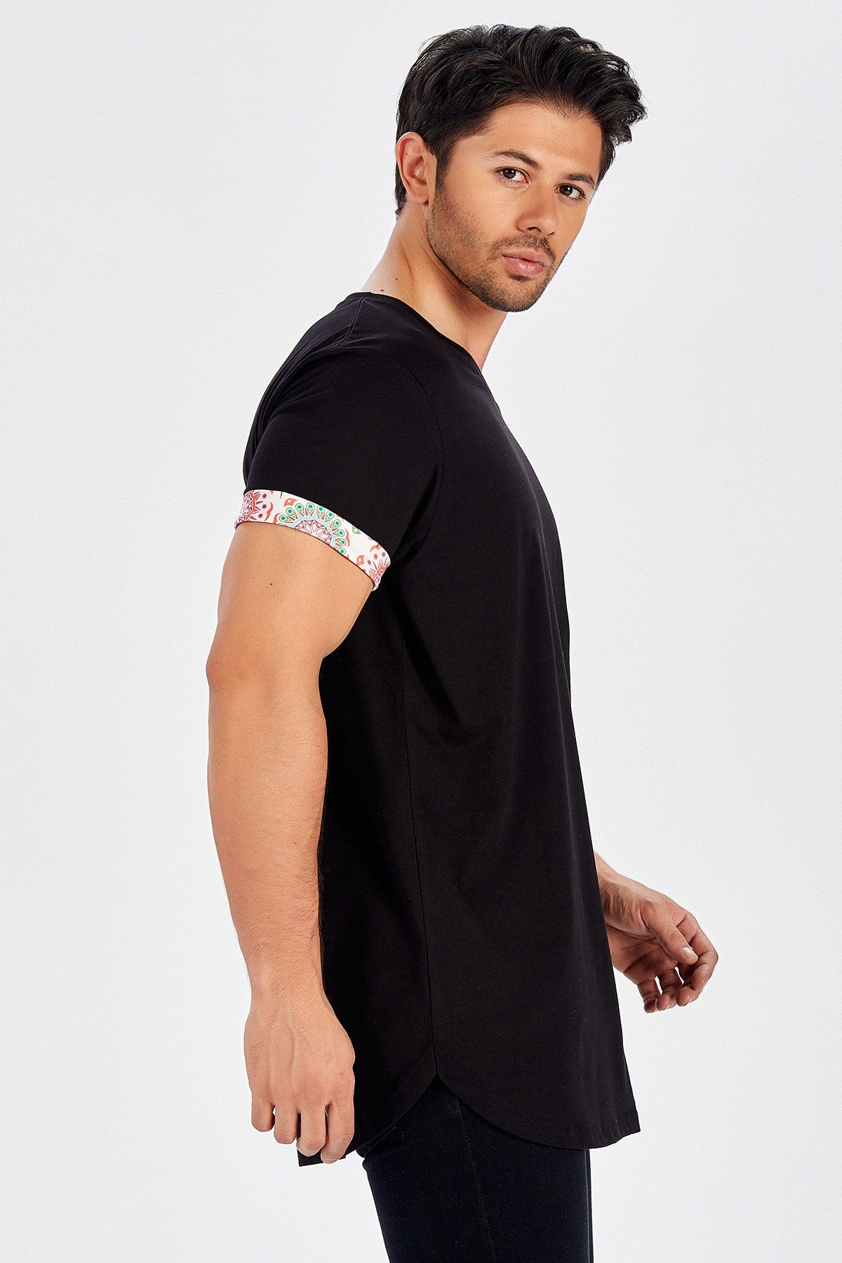Peraluna Kol Ucu Baskılı Uzun Erkek T-Shirt - Siyah