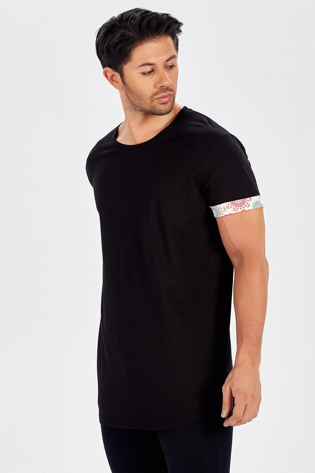 Peraluna Kol Ucu Baskılı Uzun Erkek T-Shirt - Siyah